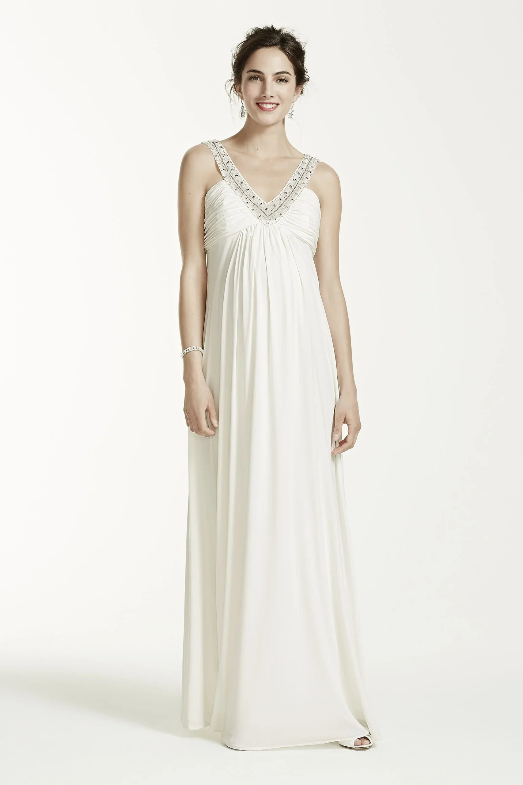 Long Ruched MaternityDress with Beaded Neckline