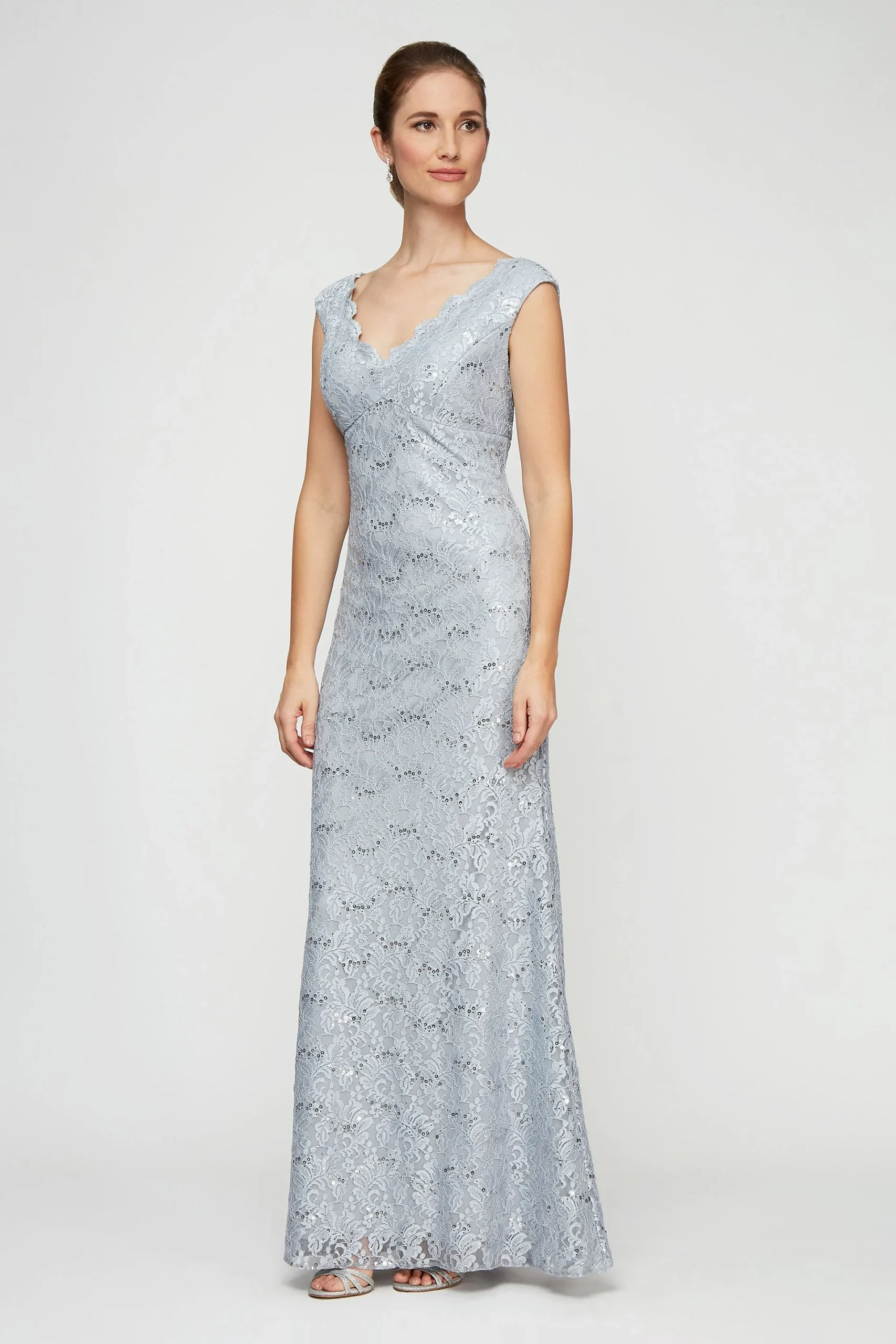 Long Scalloped Lace Cap Sleeve Dress with Shawl