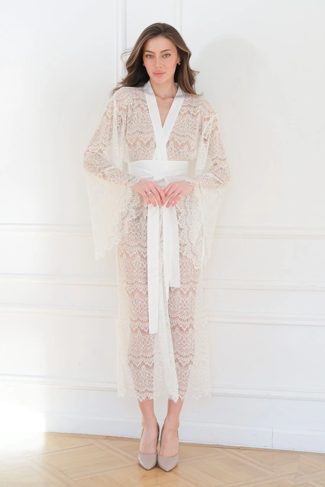 Long Sheer Dressing Gown with See Through Lace in White
