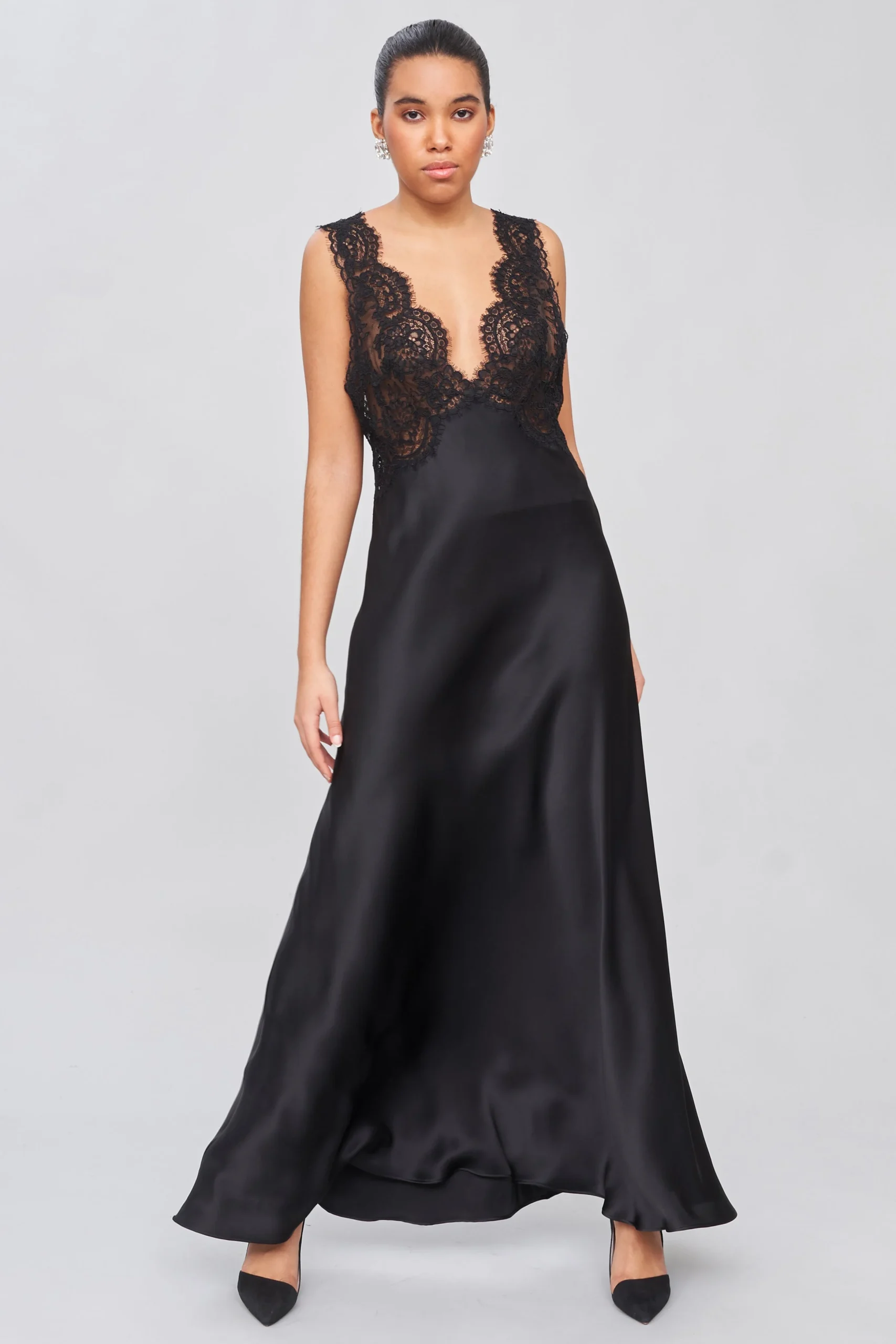 Long Silk Satin Nightgown Deep V Lace Bodice