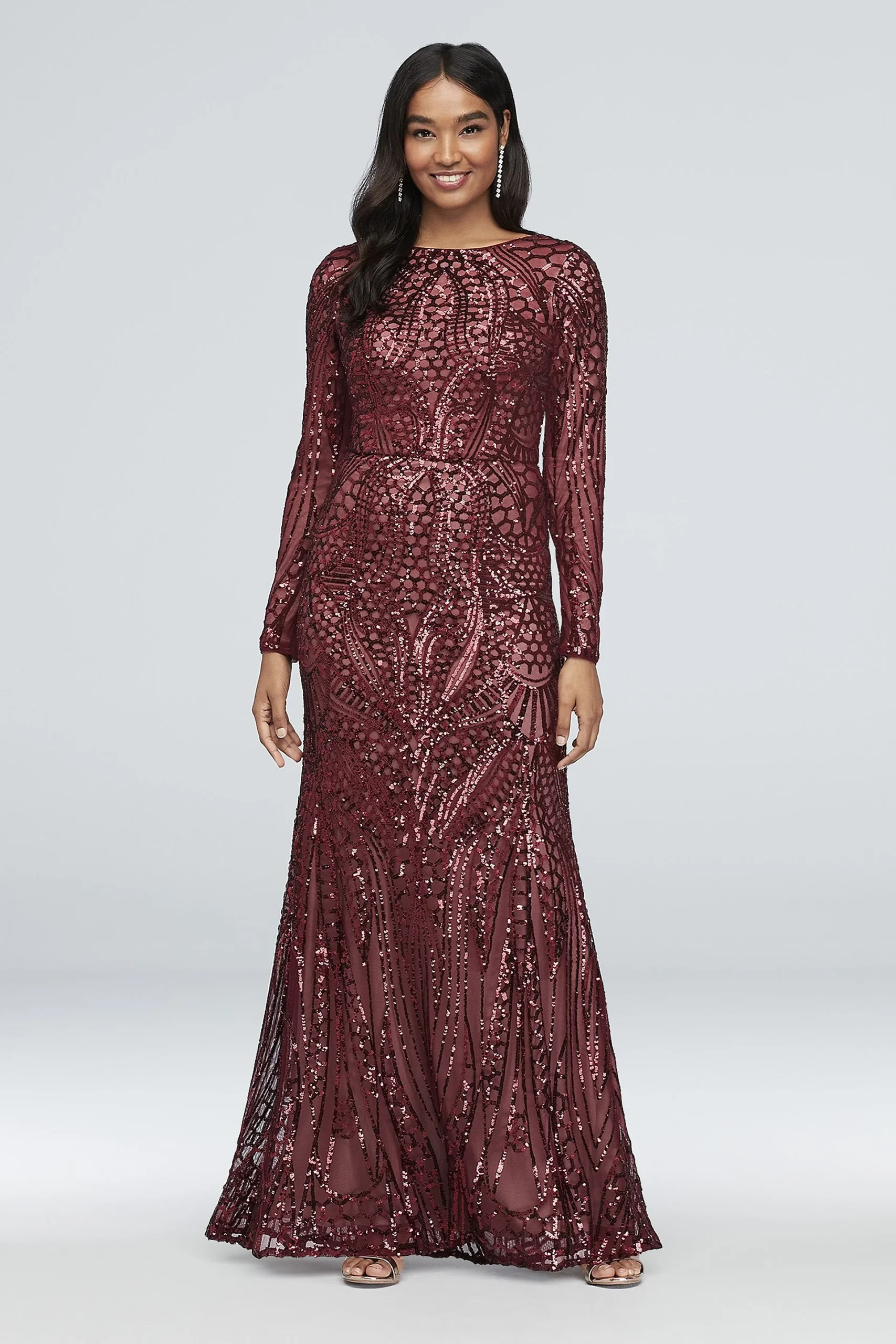 Long Sleeve Allover Sequin Mermaid Gown