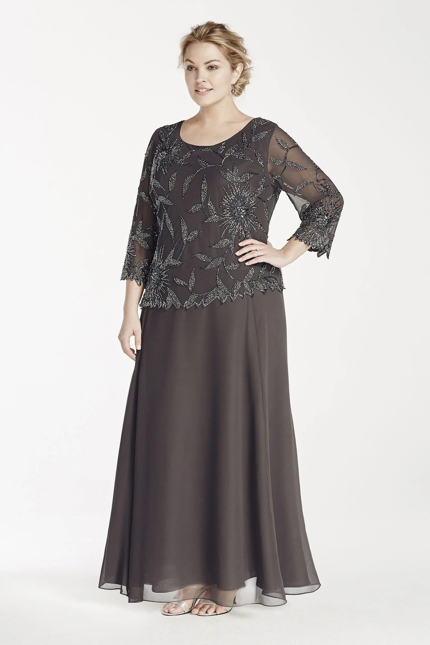 Long Sleeve Beaded Mock Two Piece Dress