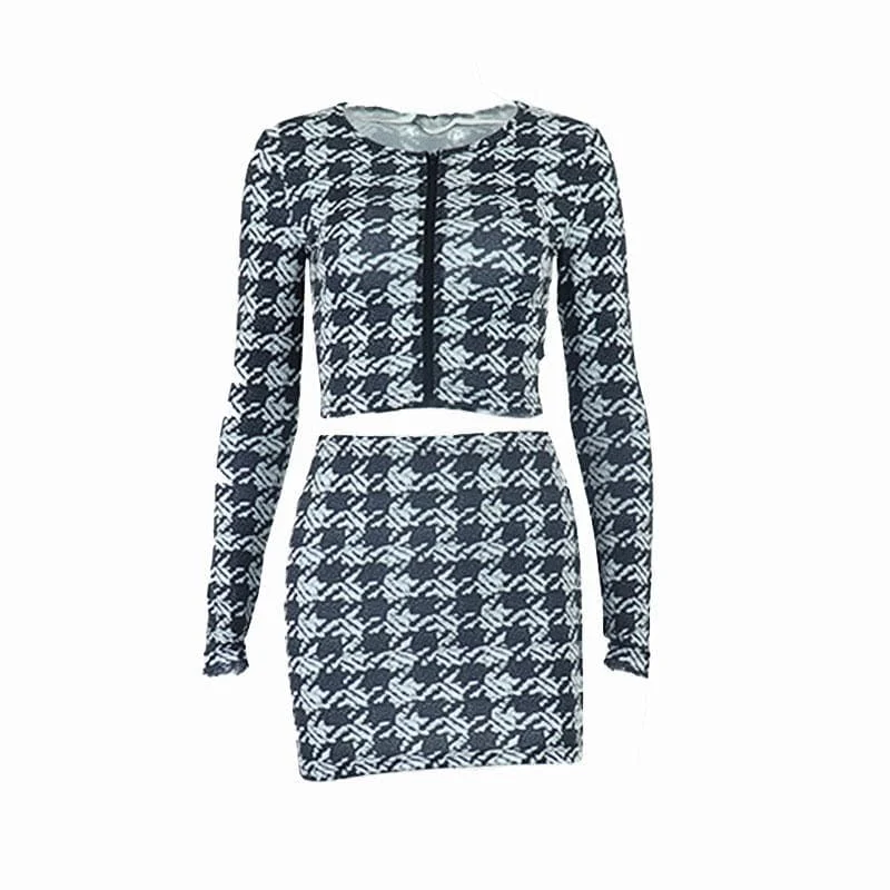 Long sleeve contrast plaid round neck zip-up skirt set