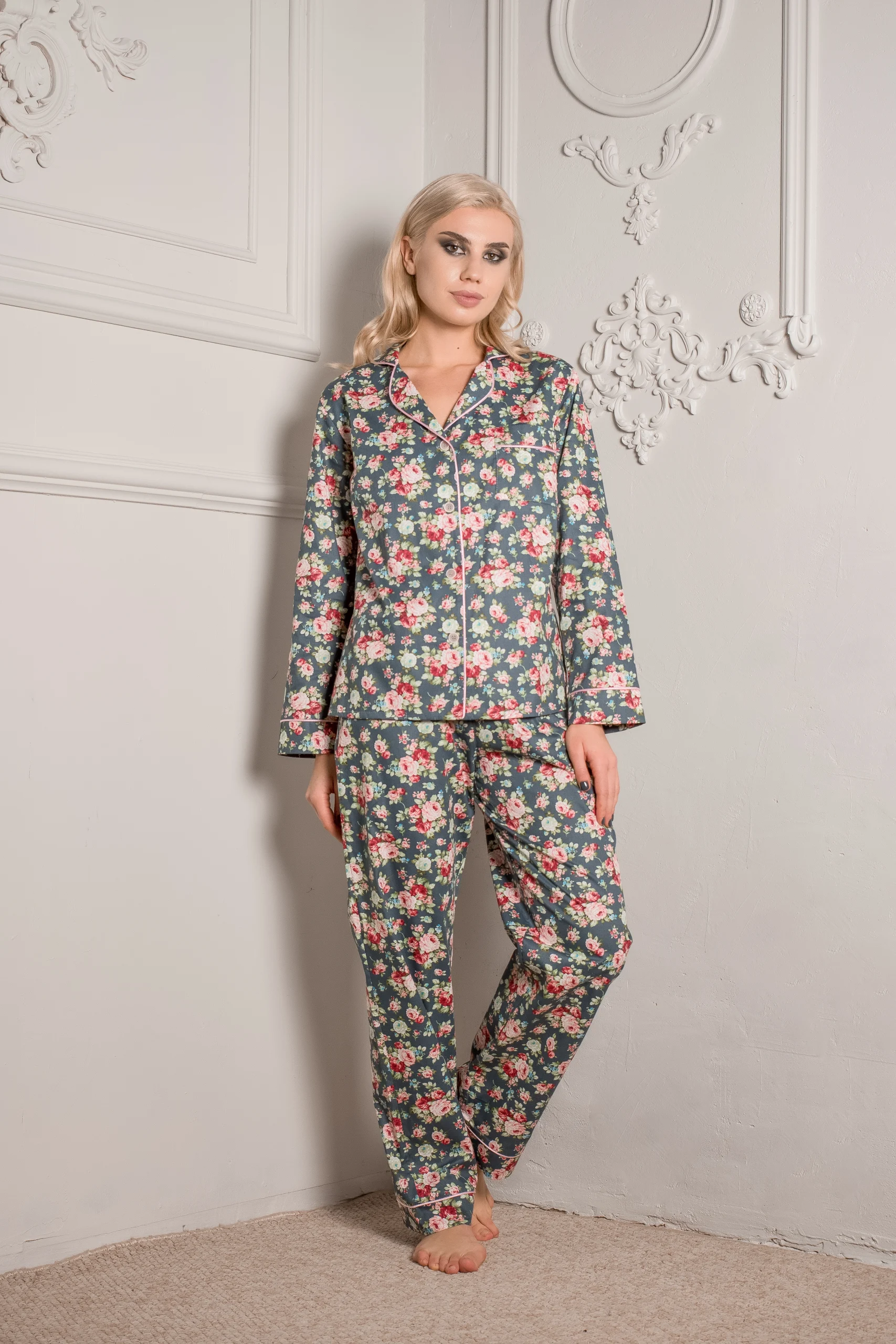 Long Sleeve Cotton Pyjamas with Green Floral Print