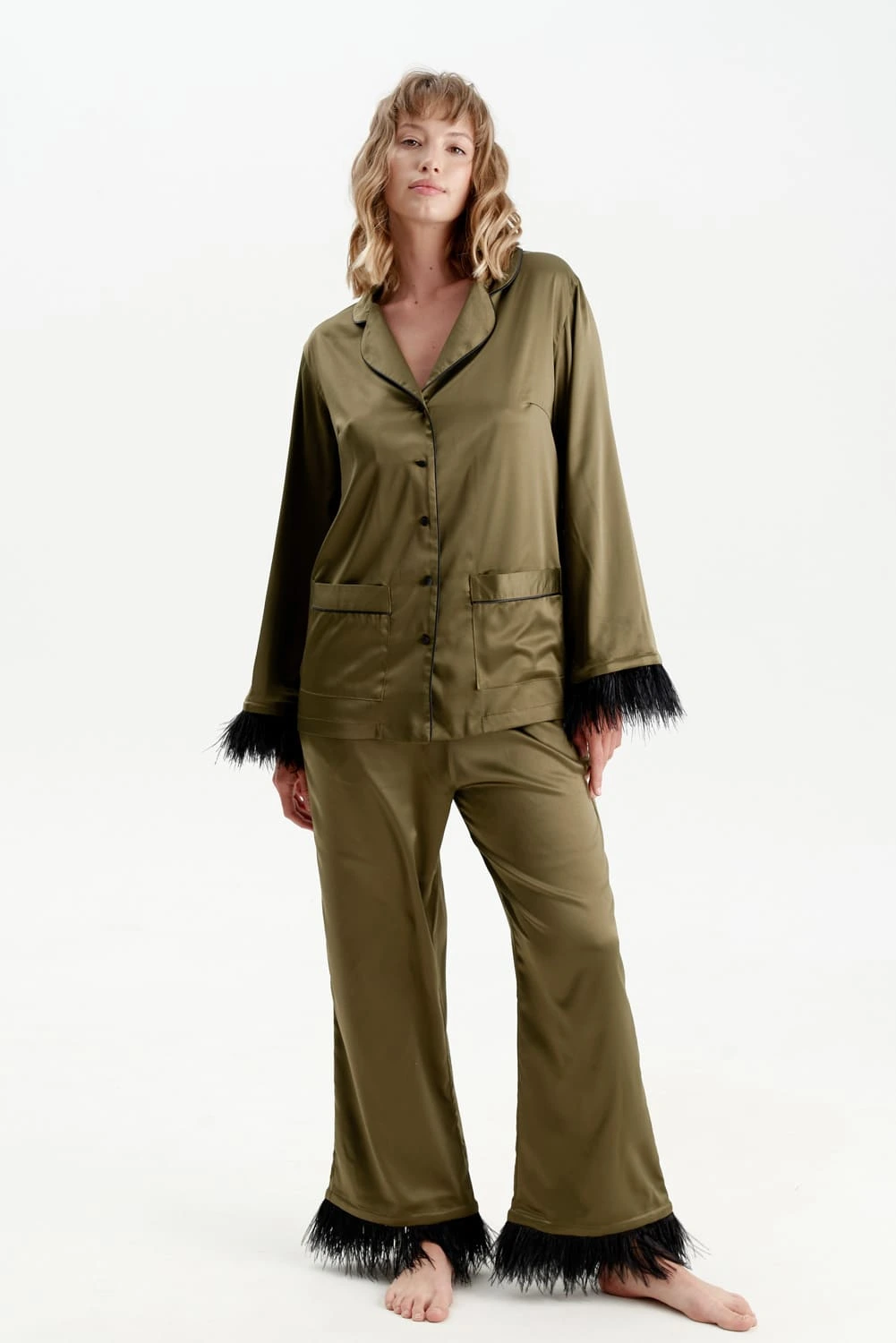 Long Sleeve Feather Pyjamas with Feathers in Green
