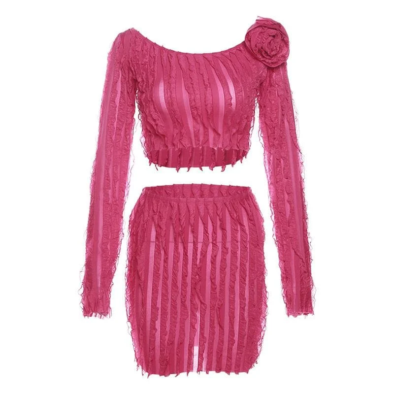 Long sleeve flower applique textured ruffle solid mini skirt set