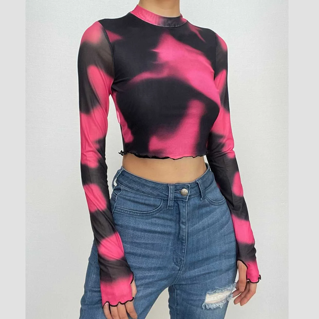 Long sleeve high neck gloves tie dye mesh crop top