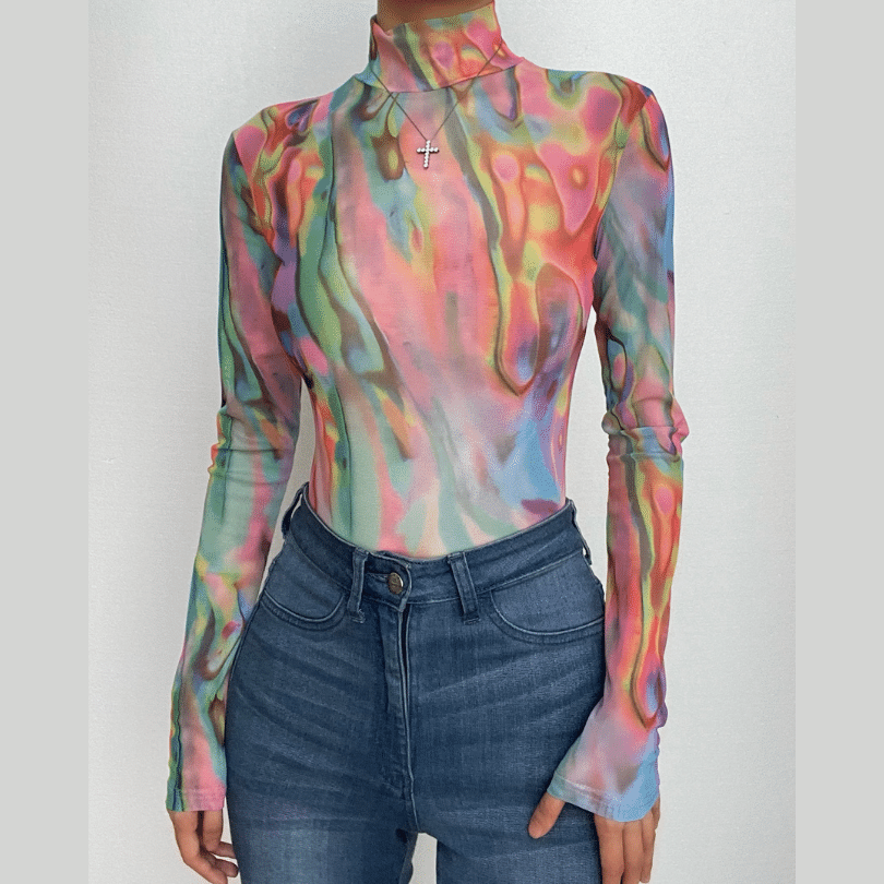 Long sleeve high neck sheer mesh contrast bodysuit