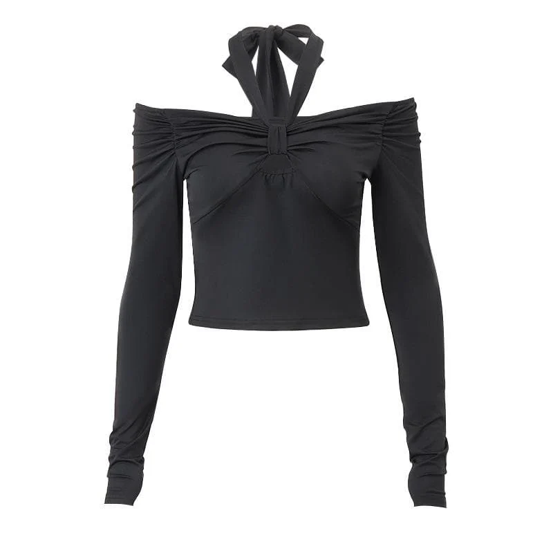 Long sleeve off shoulder halter ruched backless solid hollow out top