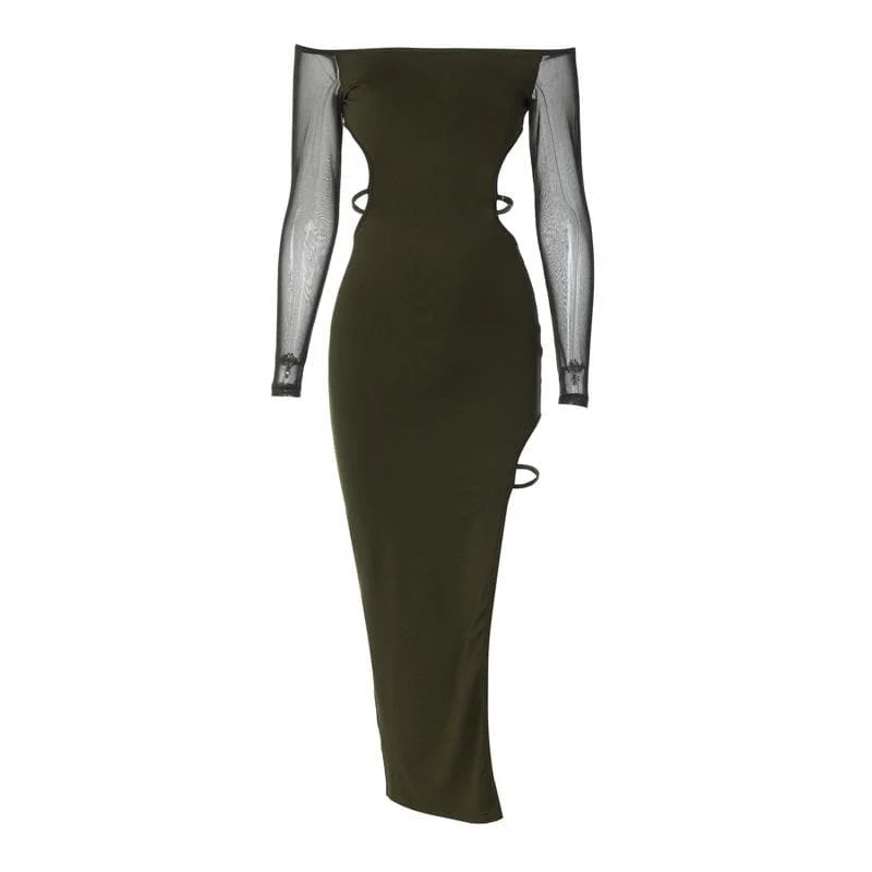 Long sleeve off shoulder hight slit mesh backless irregular midi dress