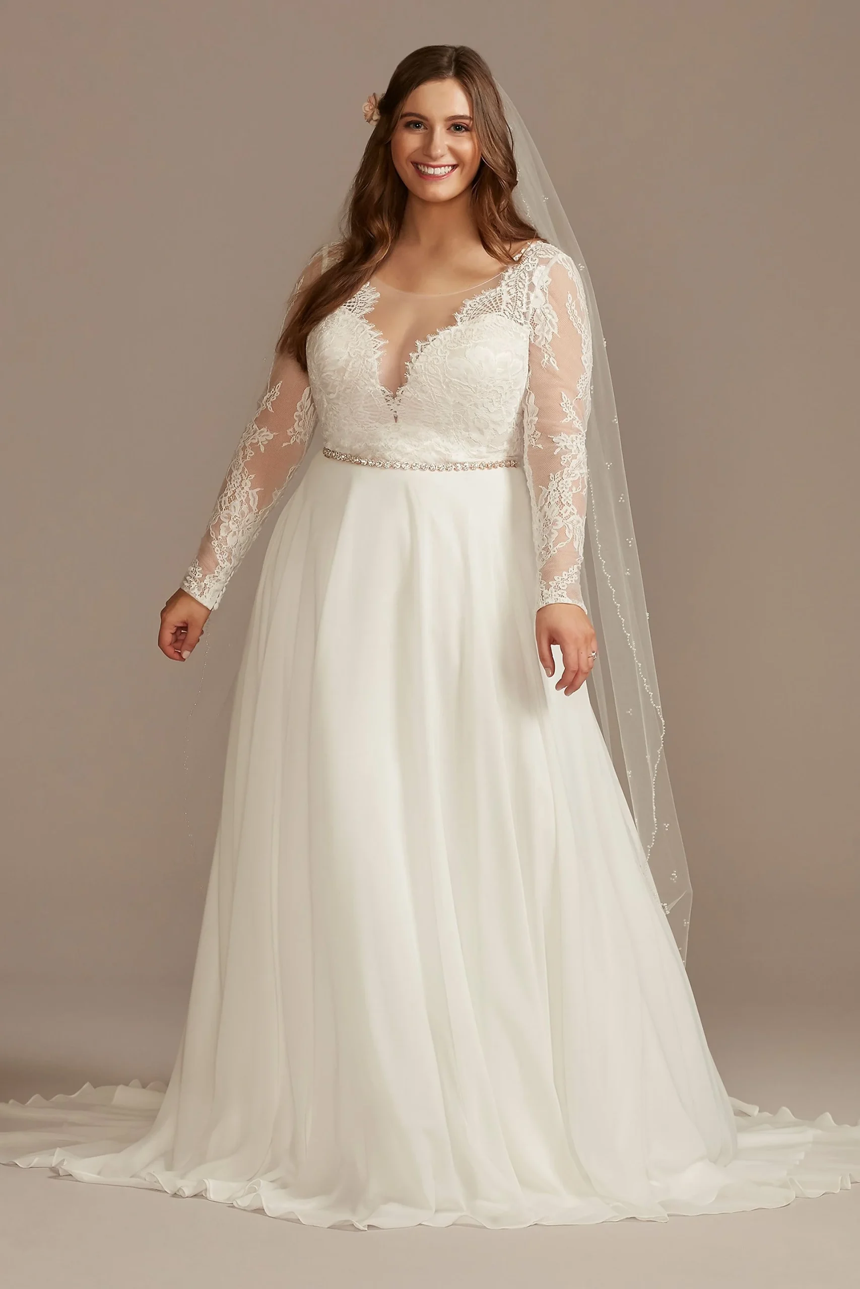 Long Sleeve Plunge Lace Chiffon Wedding Dress