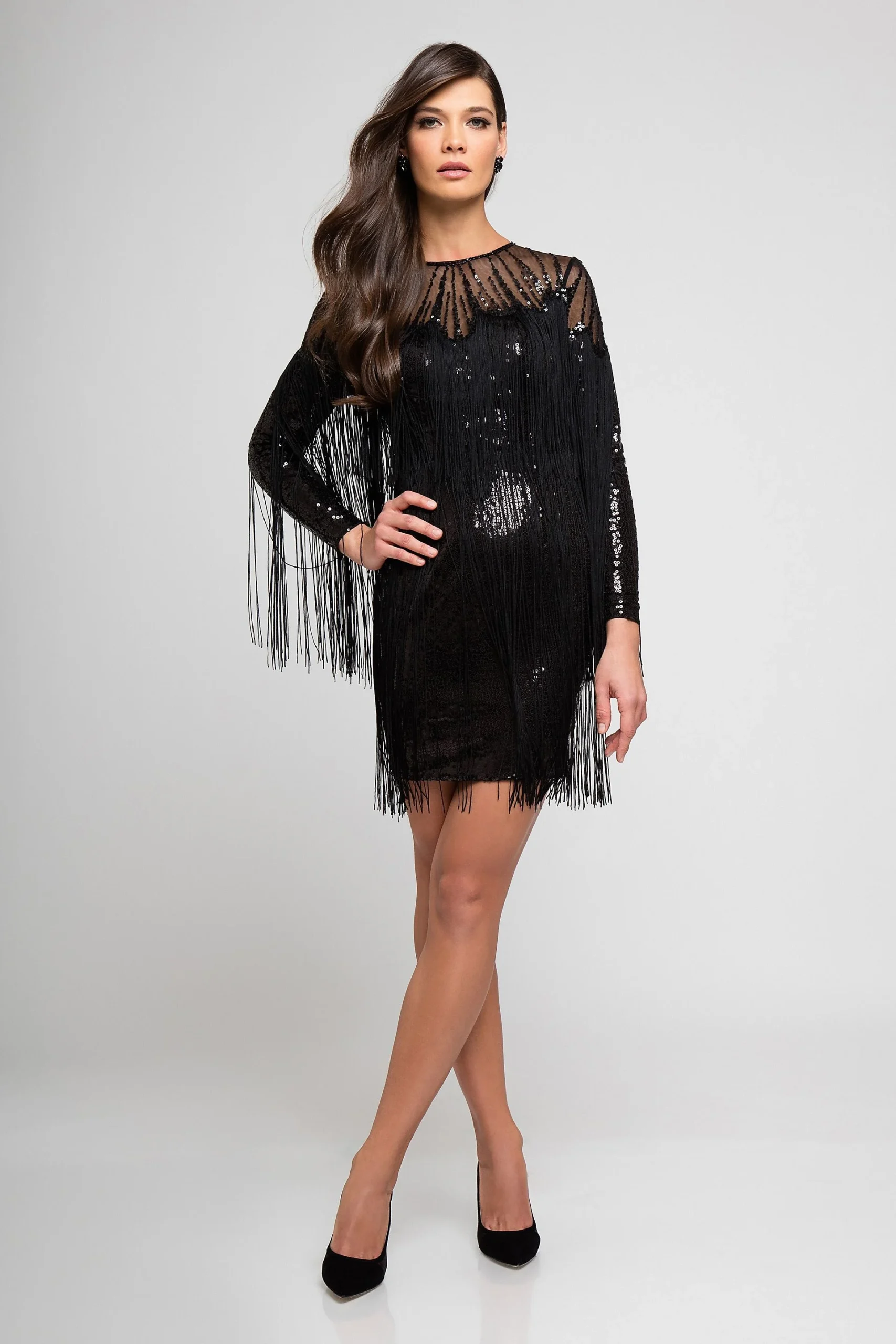Long Sleeve Sequin Short Dress with Allover Fringe