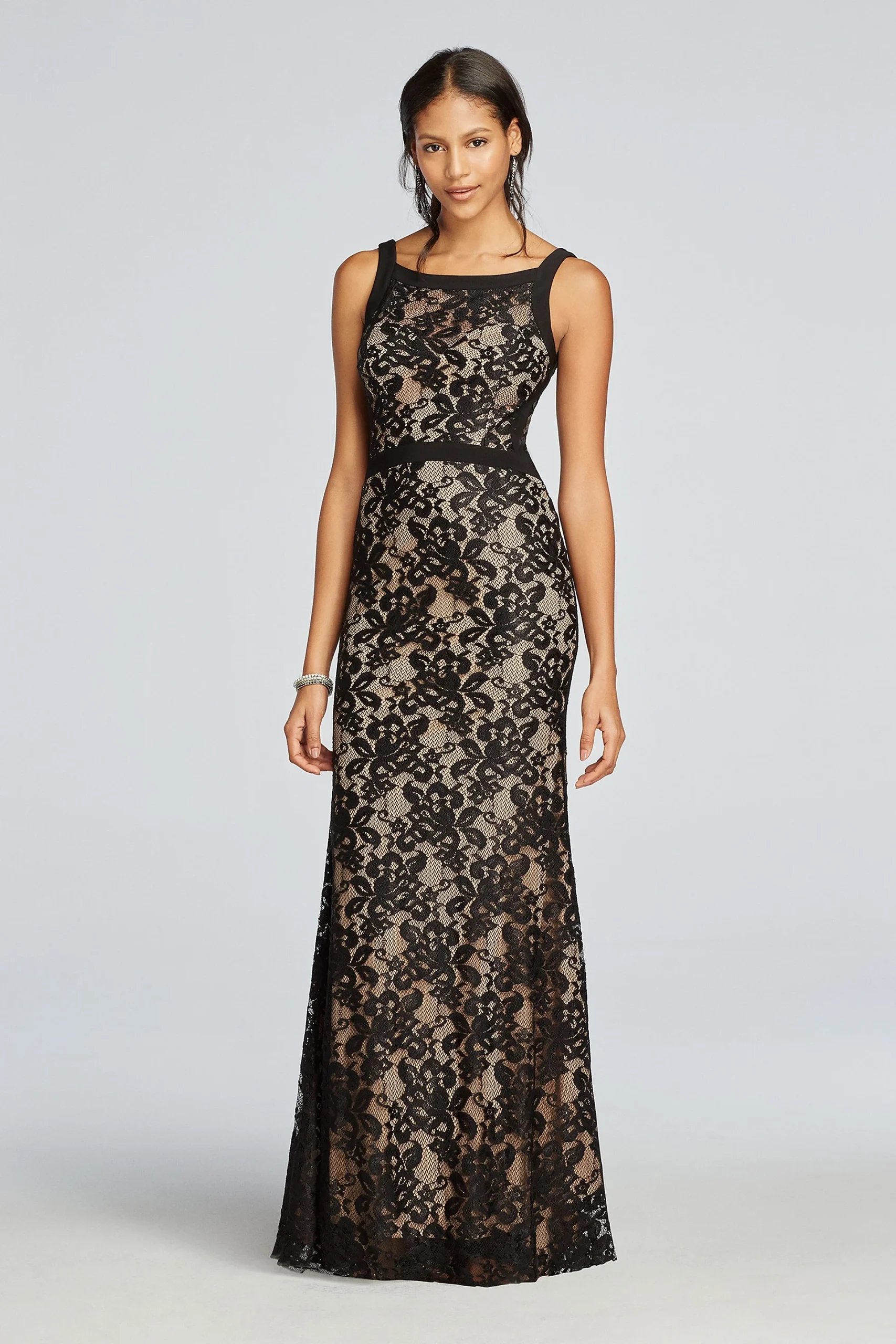 Long Sleeveless All Over Illusion Lace Dress