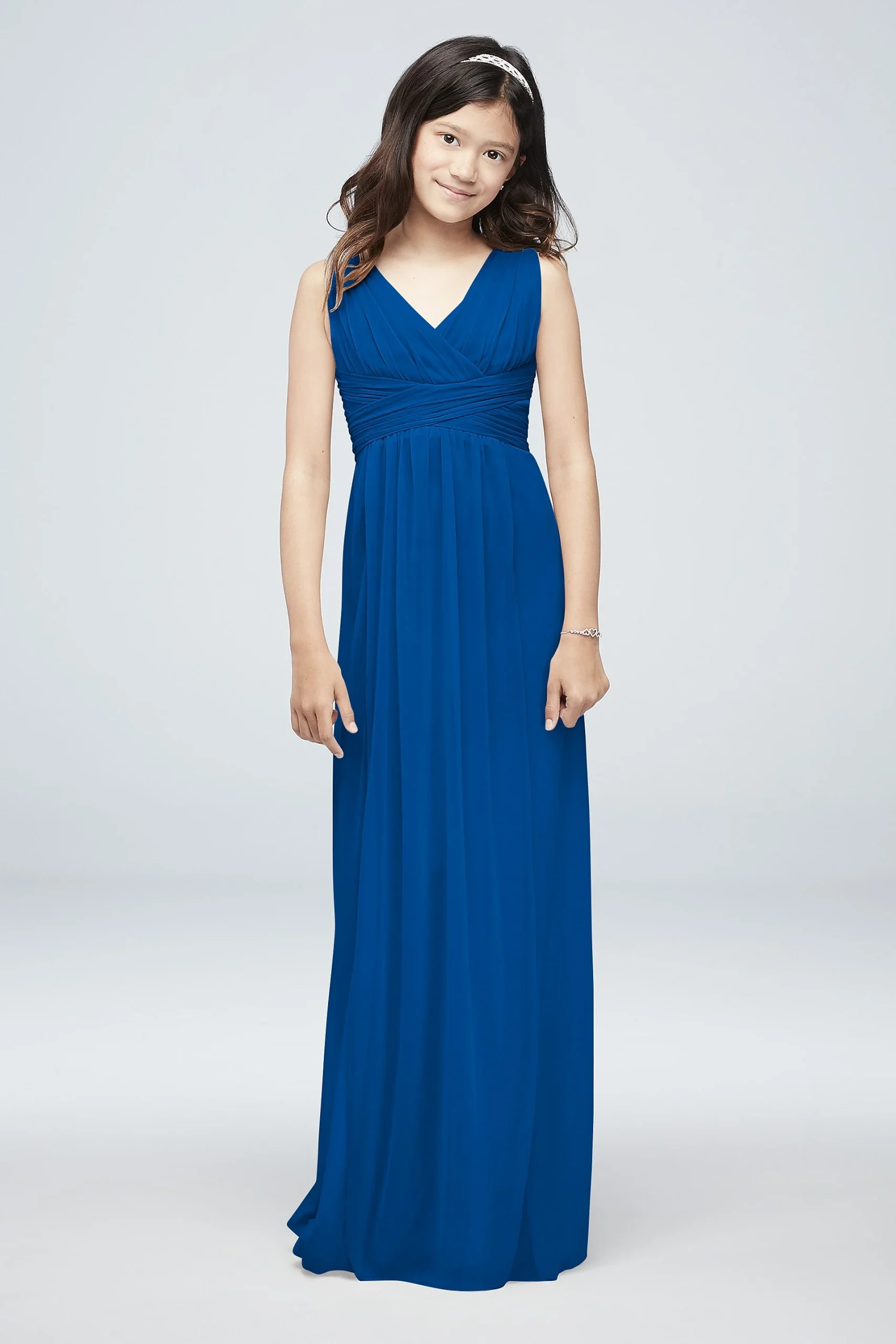 Long Sleeveless Mesh Dress with Ruched Waist