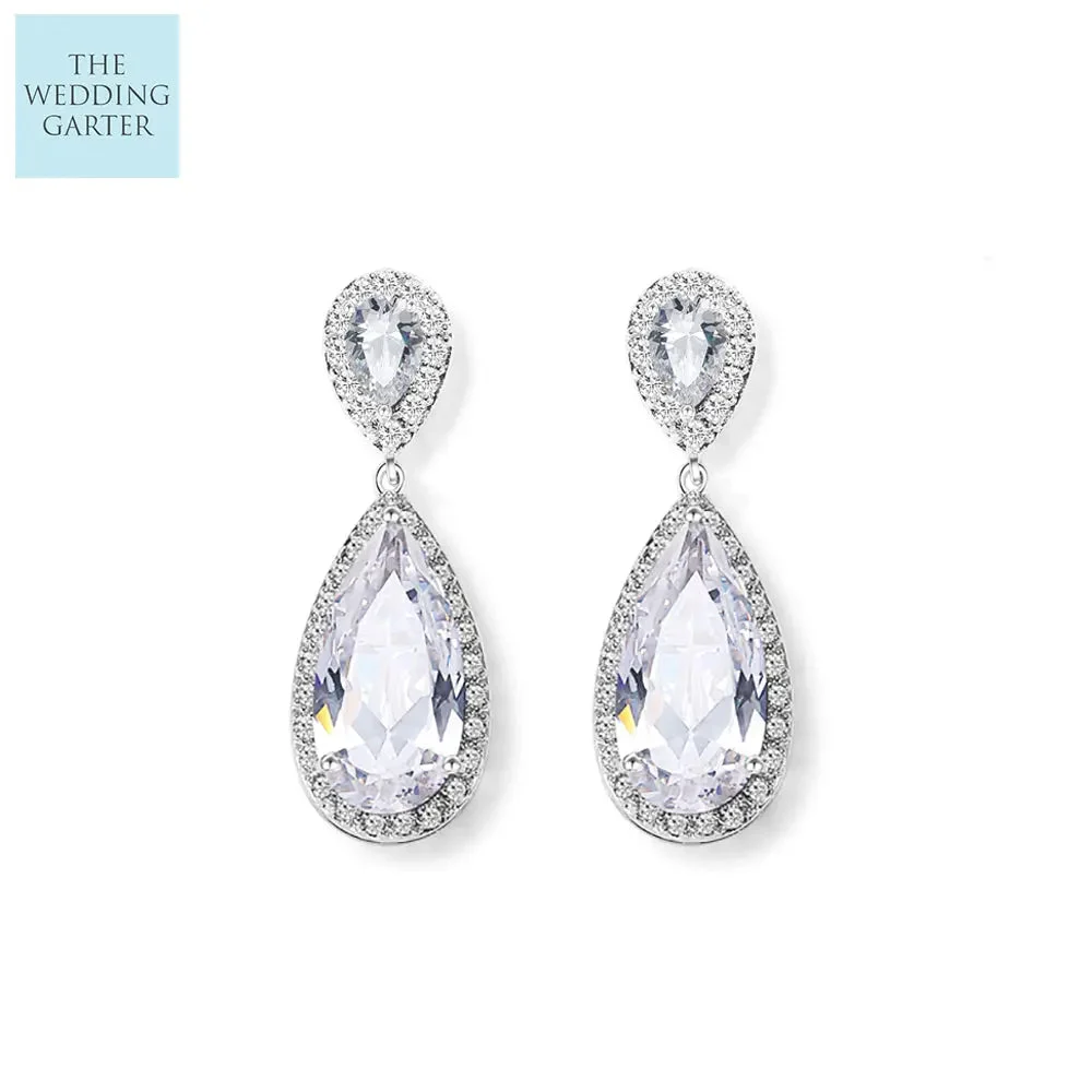 Long Teardrop Cubic Zirconia Diamond Bridal Earrings