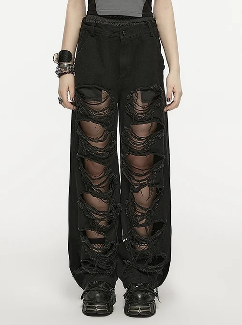 Loose Double-Layer Stitching Waist Black Hole Punk Hip-Hop Pants