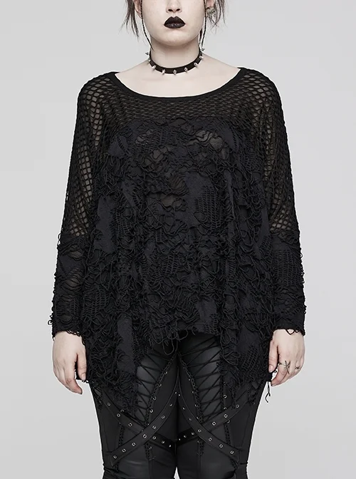 Loose Elastic Black Mesh Stitching Tattered Knit Dolman Sleeve Punk Style Decadent Long-Sleeved T-Shirt