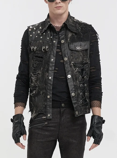 Loose Non-Stretch Black Tie-Dye Decadent Snatched Skull Sheep Head Decoration Punk Vest