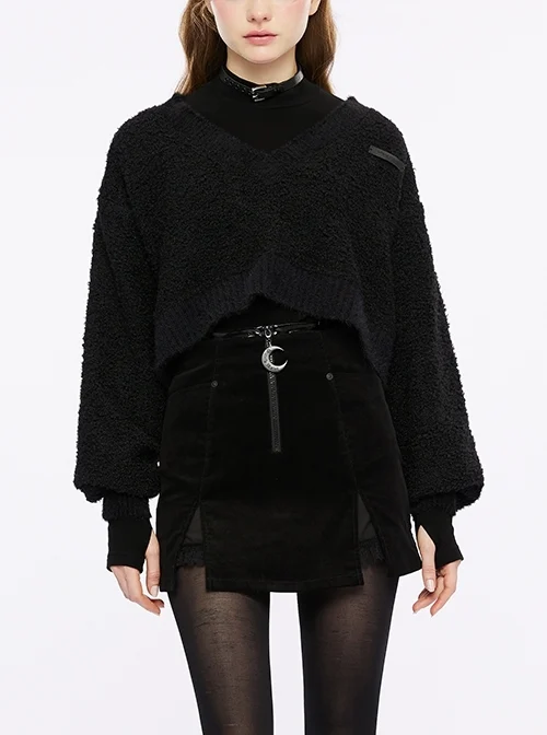 Loose V-Neck With Dropped Shoulders And Pumpkin Stitched Black Gothic Wool Textured T-Shirt