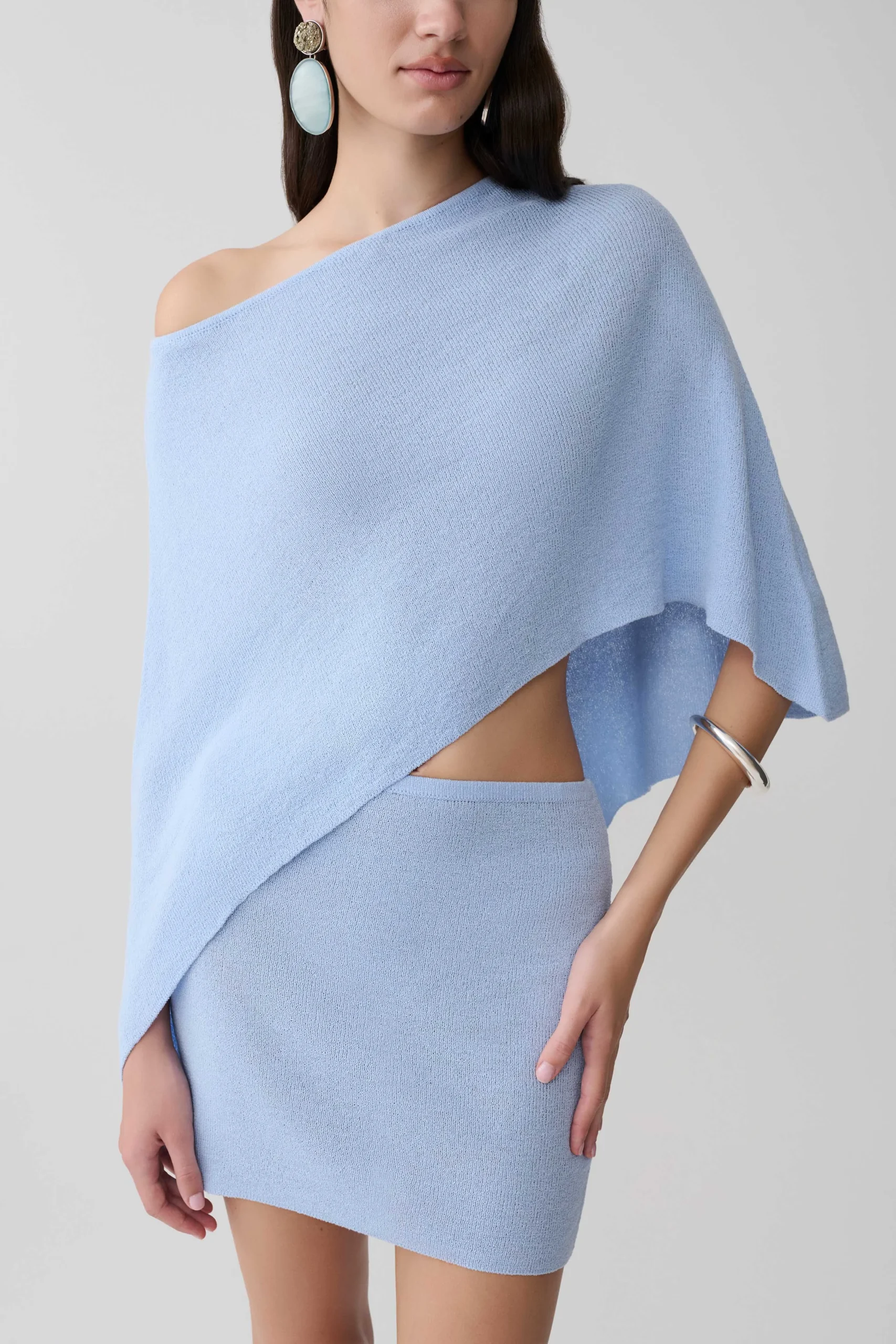 LouraOne Shoulder Knit Cape Top - Cornflower Blue