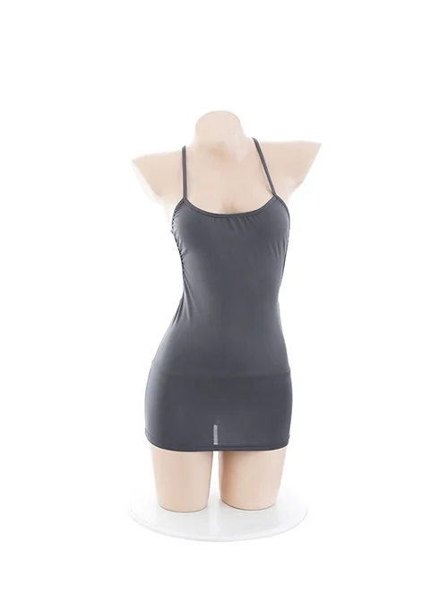 Low-cut Backless Gray See-Through Ice Silk Mini Hip Dress Plus Size Sexy Lingerie Set