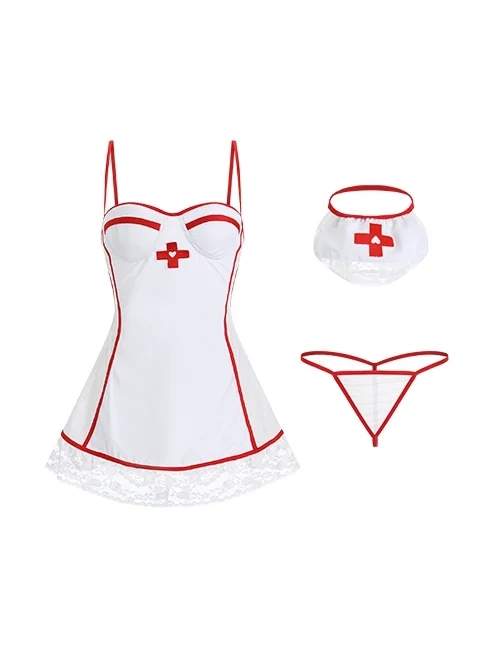 Low-Cut Lace Hem See-Through Halter Back With Chest Pads Dress Nurse Outfit Cosplay Professional Outfit Uniform Sexy Lingerie Set