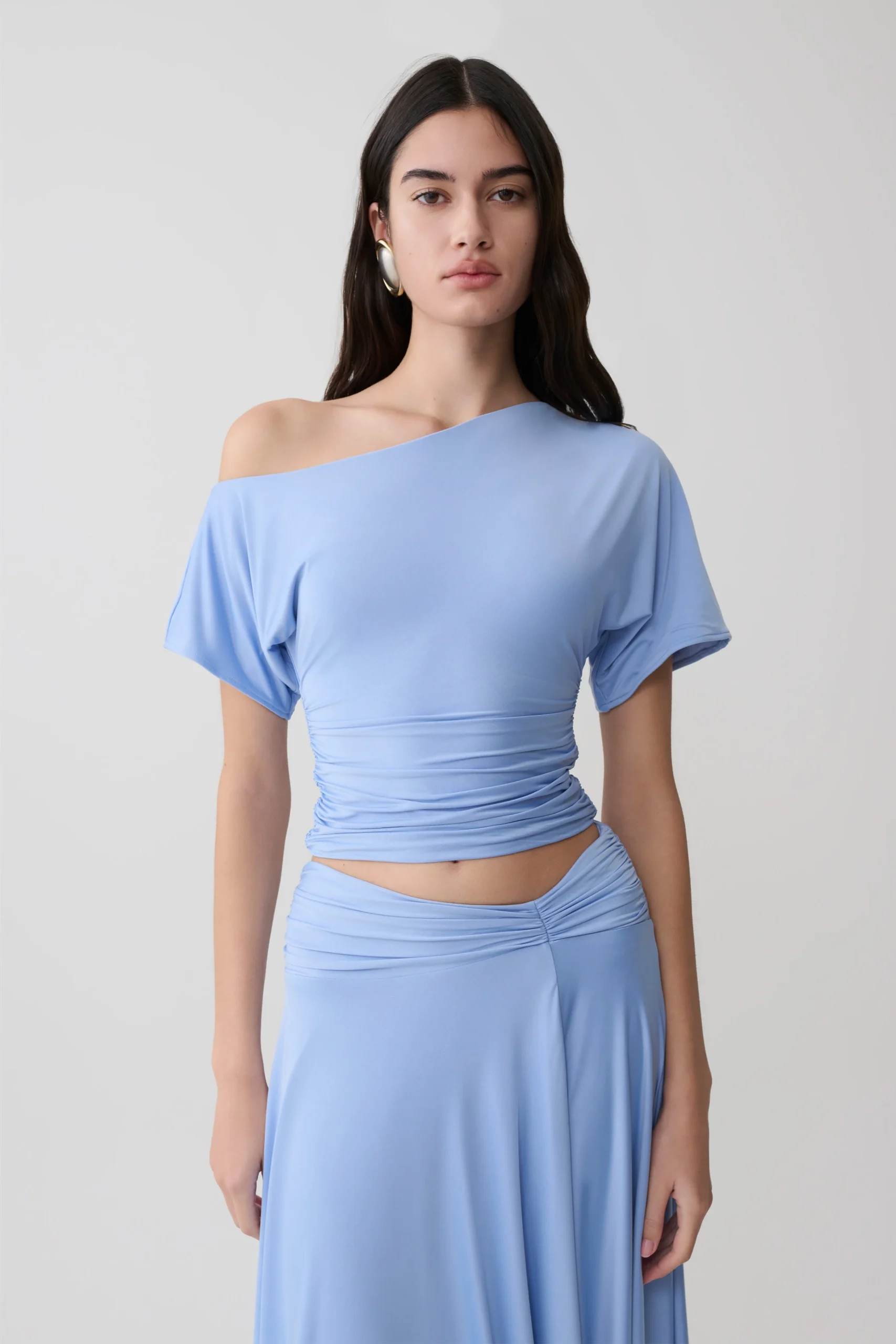 LuuOff Shoulder Slinky Top - Sea Blue