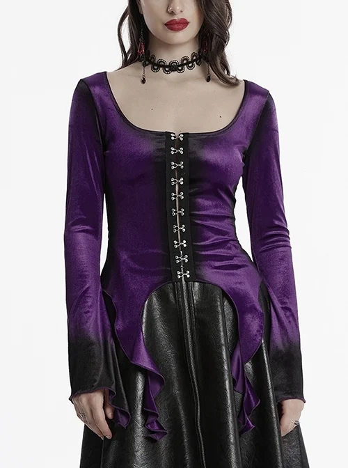 Luxurious Purple Velvet Elegant Square Collar Exquisite Metal Button Design Unique Hem Shape Gothic Style T Shirt