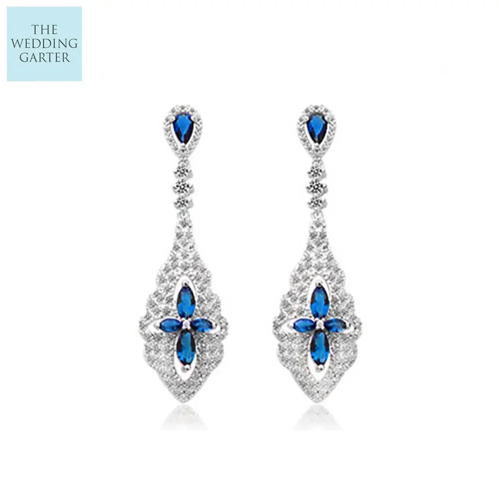 Luxury Blue CZ Diamond Long Dangle Bridal Earrings