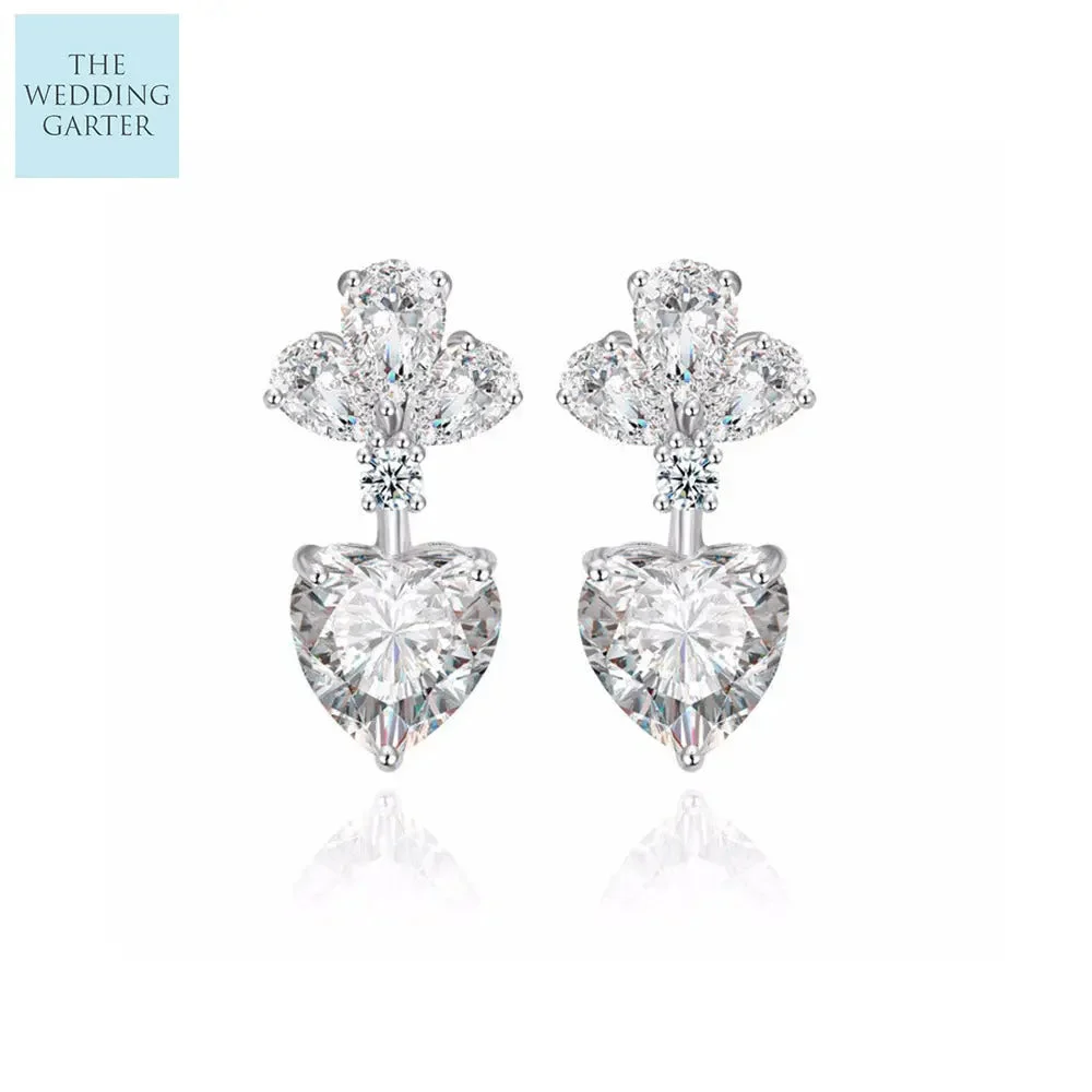 Luxury Clear Zircona Heart Shaped Diamond Drop Bridal Earrings