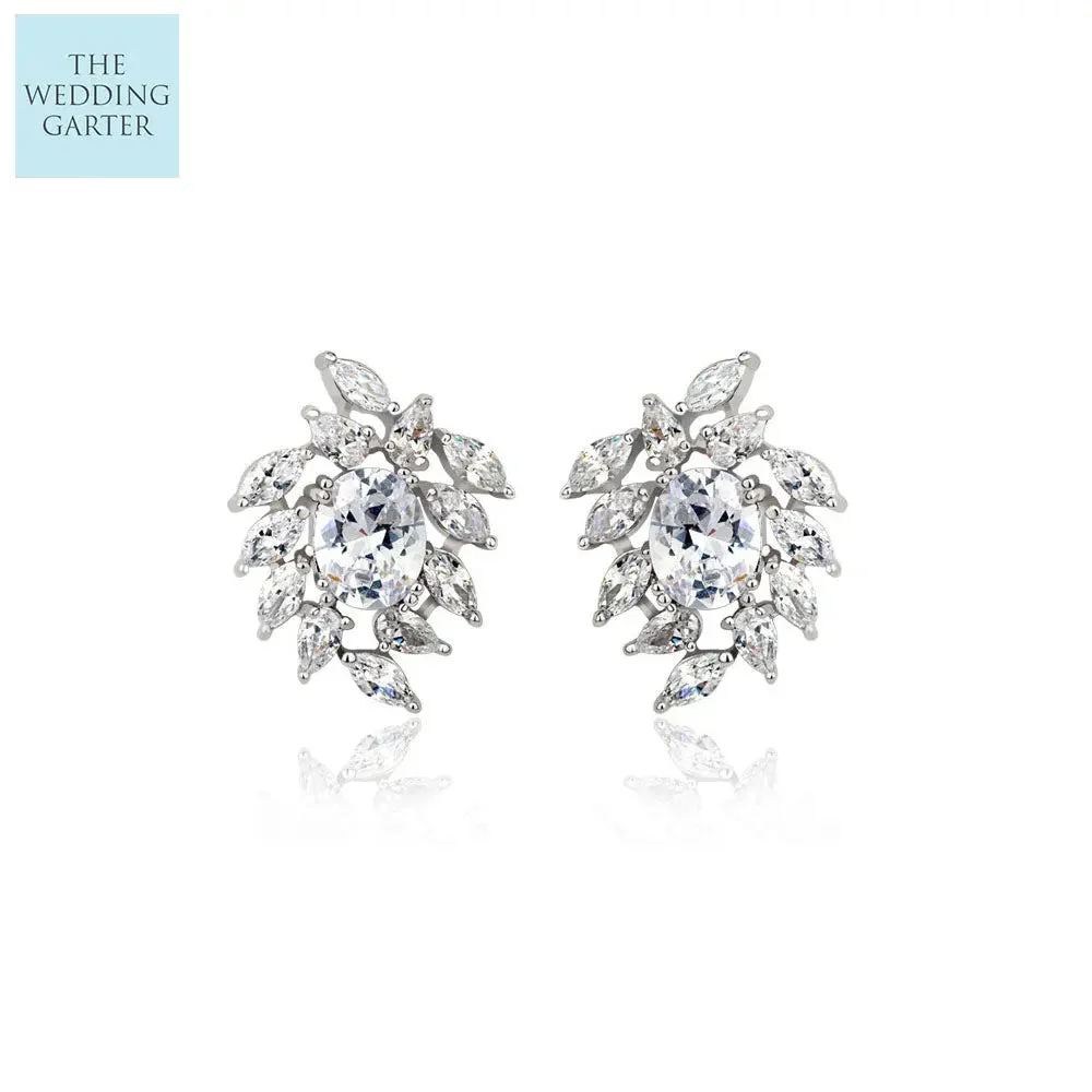 Luxury Designer CZ Diamond Silver Stud Earrings For Wedding