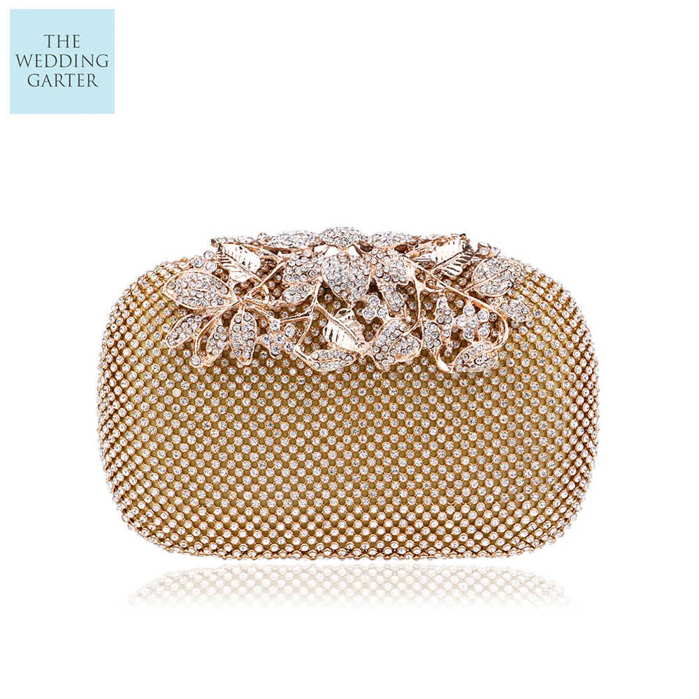 Luxury Flower Crystal Gold Evening Bag Clutch Wedding Purse