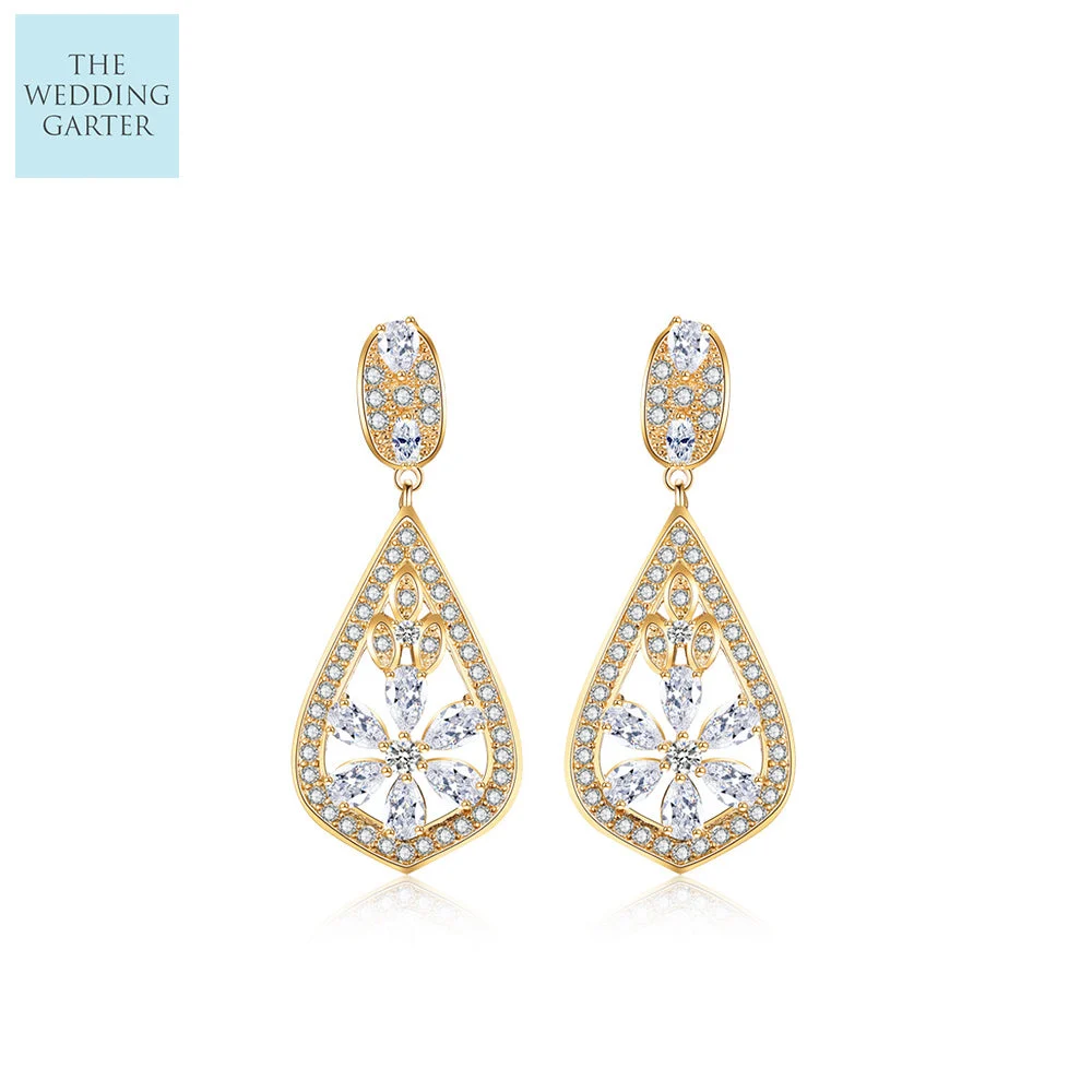Luxury Gold Dropper CZ Bridal Earrings
