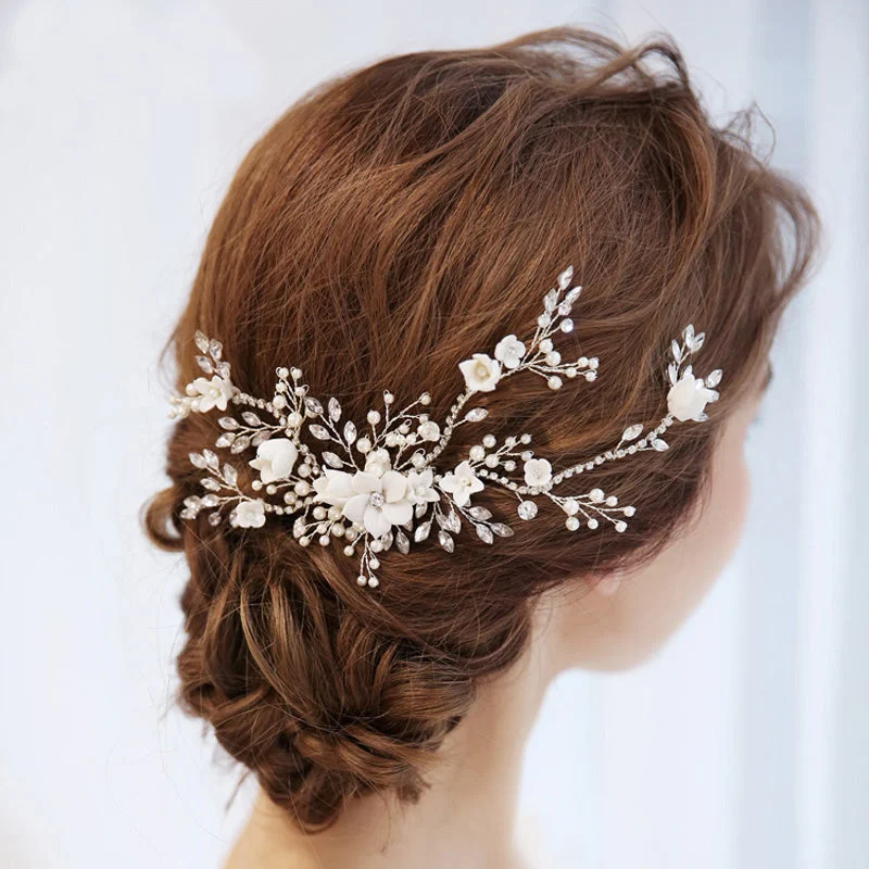 Luxury Ivory Porcelain & Silver Floral Bridal Headpiece Vine