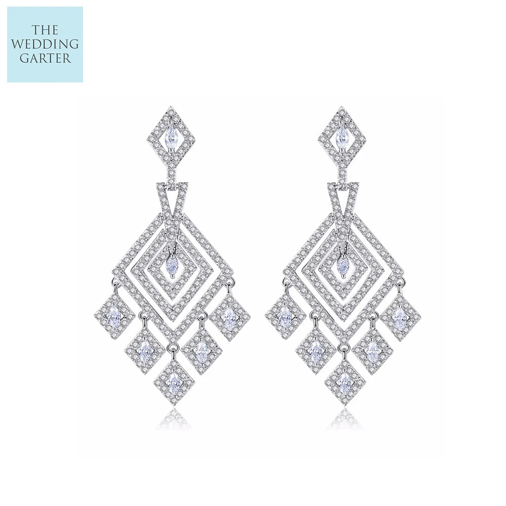 Luxury Micro Pave CZ Diamond Long Dangle Bridal Earrings