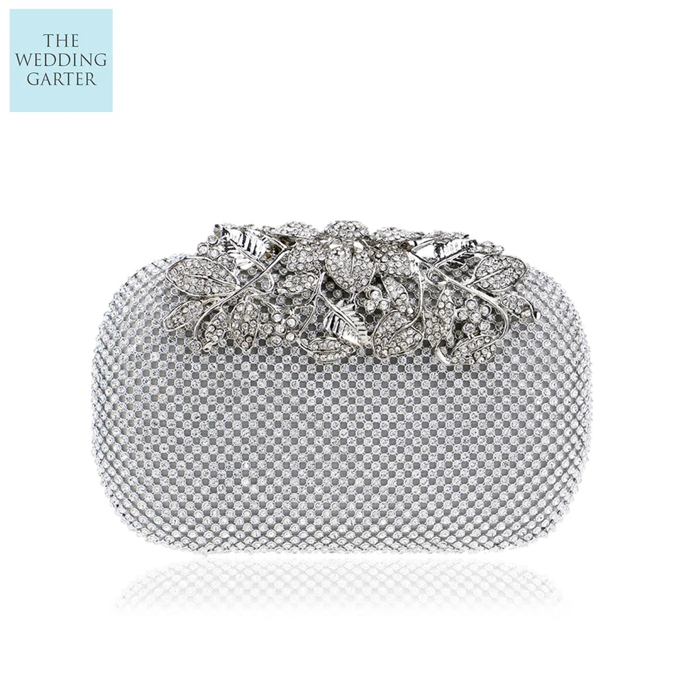 Luxury Silver Leaf Rhinestone Evening Bag Clutch