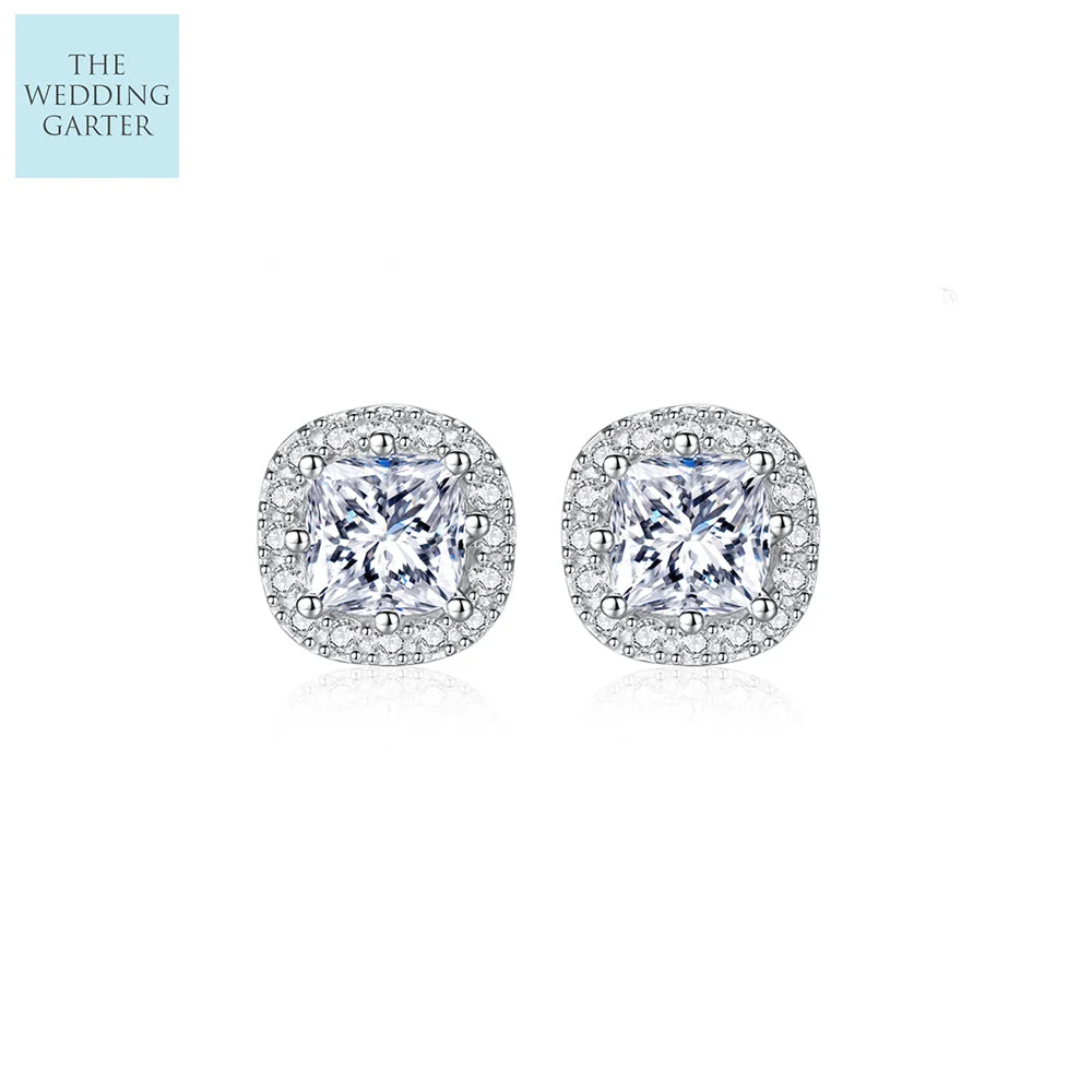 Luxury Sterling Silver 2 Carat CZ Diamond Square Halo Earrings