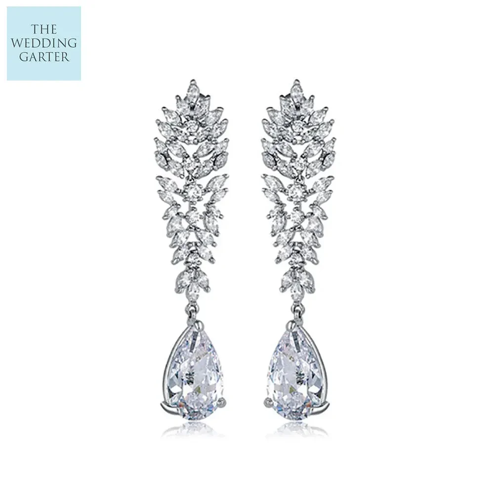 Luxury Women's Long Drop Pear CZ Diamond Earrings