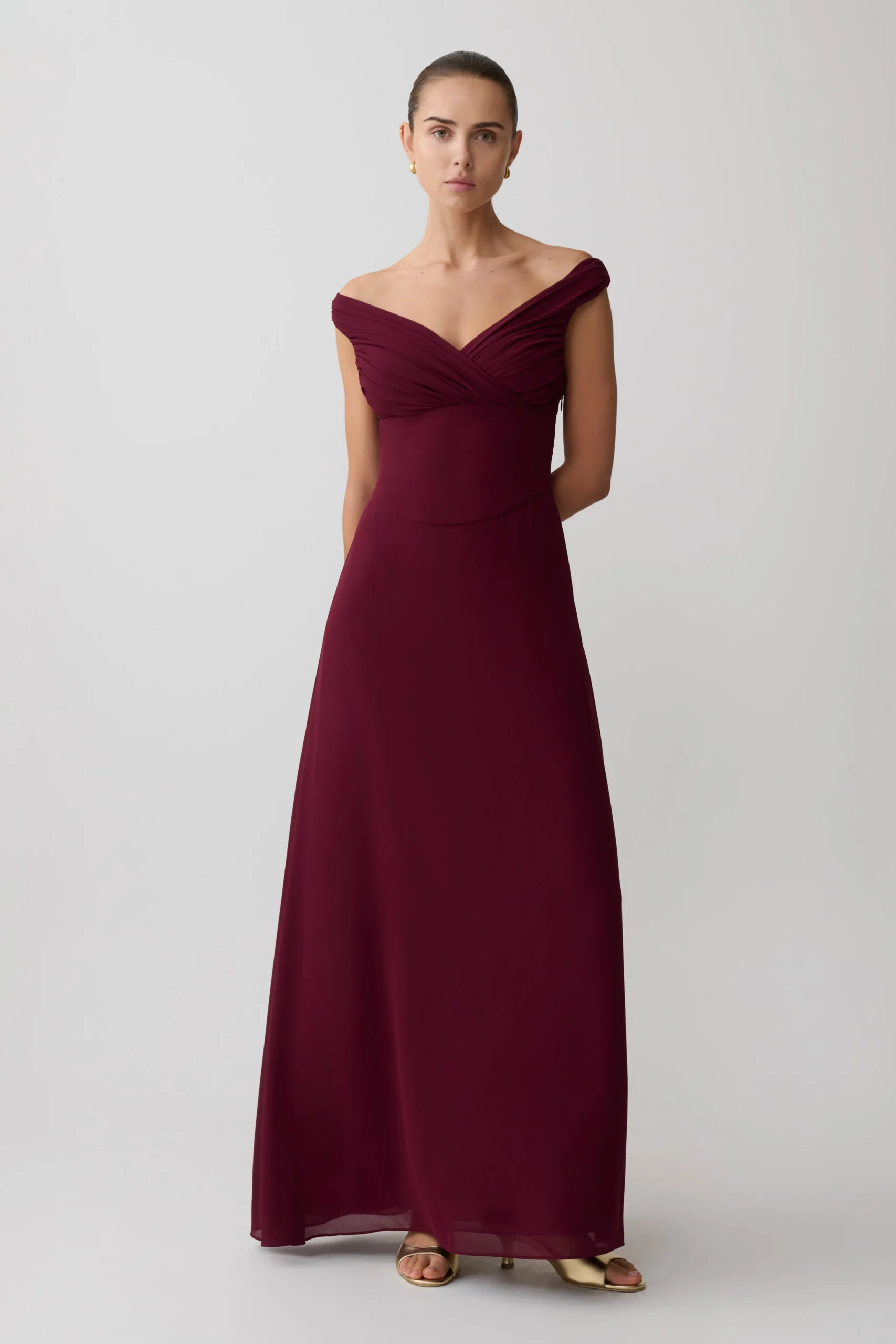 MabelOff Shoulder Chiffon Maxi Dress - Merlot
