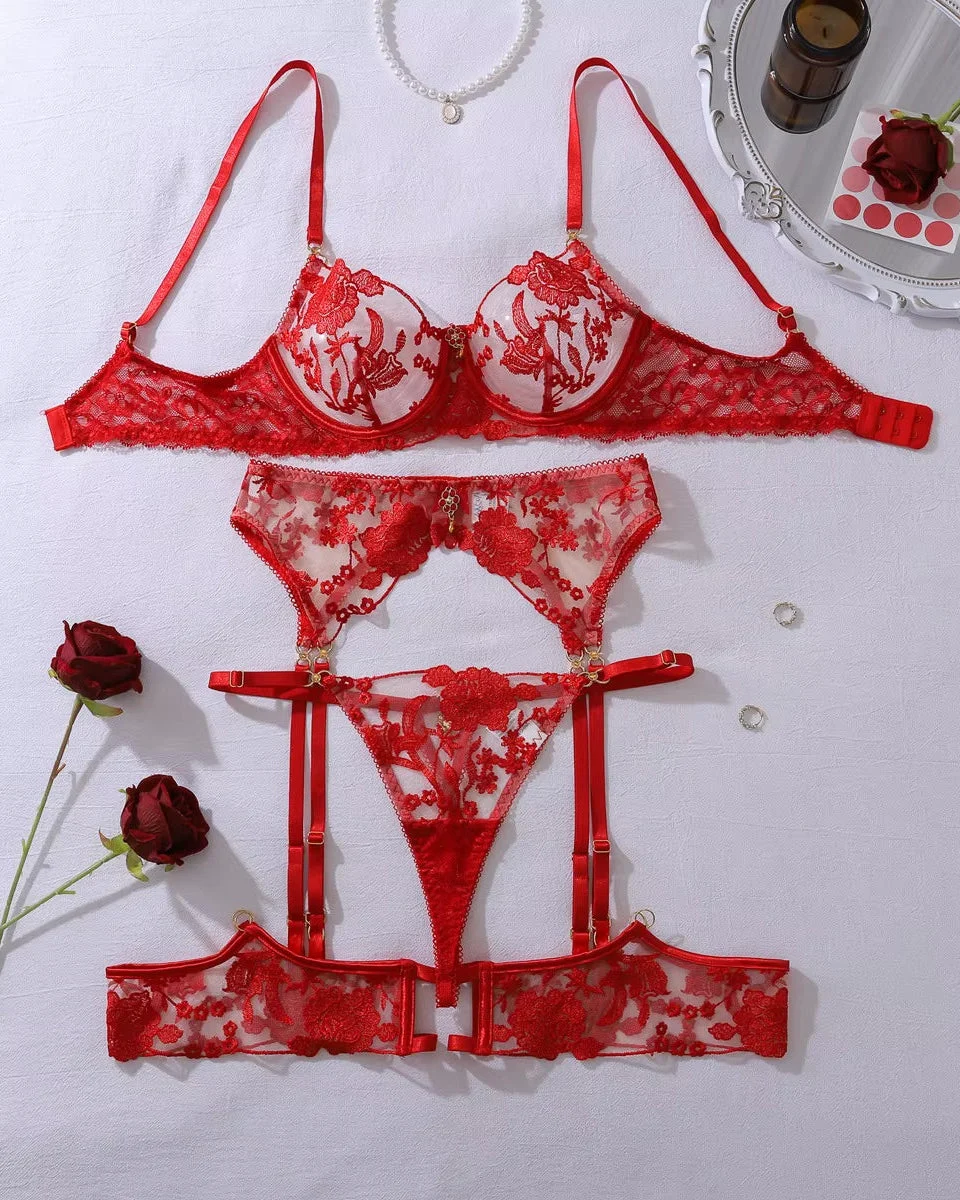 Make You Mine – Red Embroidered & SequinnedLingerie Set