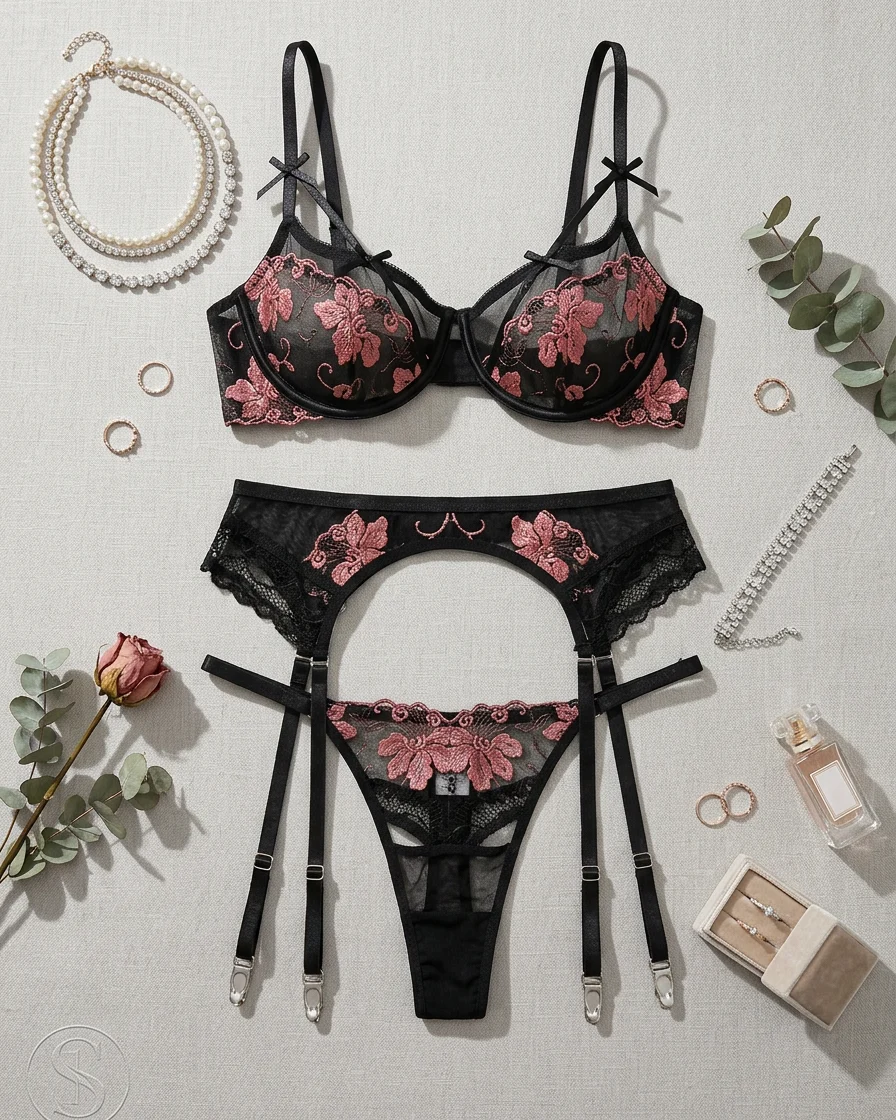 Make Your Move -Black Lace Floral Lingerie Set - M & L only
