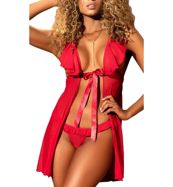 Mapale Open Tie-Front Babydoll with Matching Thong (7385) - Red