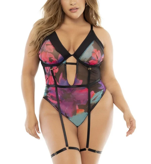 Mapale Underwire Teddy with Strappy Garters PLUS (8774X) - Black Dream Flower
