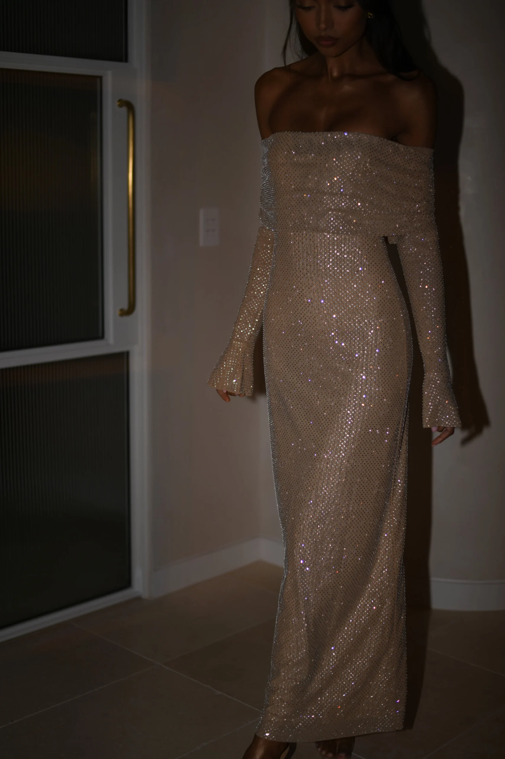 MarcelOff Shoulder Diamante Maxi Dress - Nude