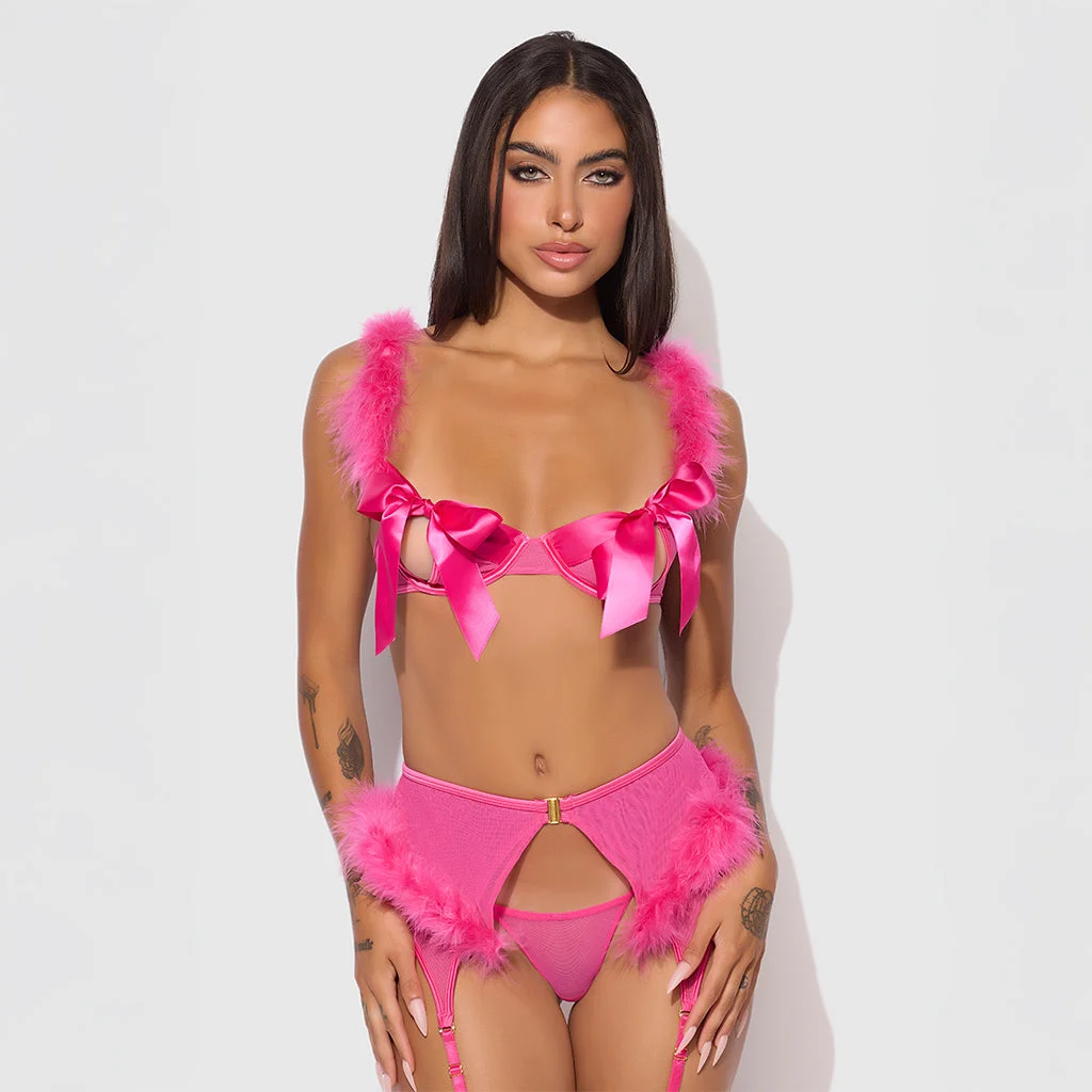 Marilyn Marabou & Mesh Openable Bra, Garter, & G-String Set