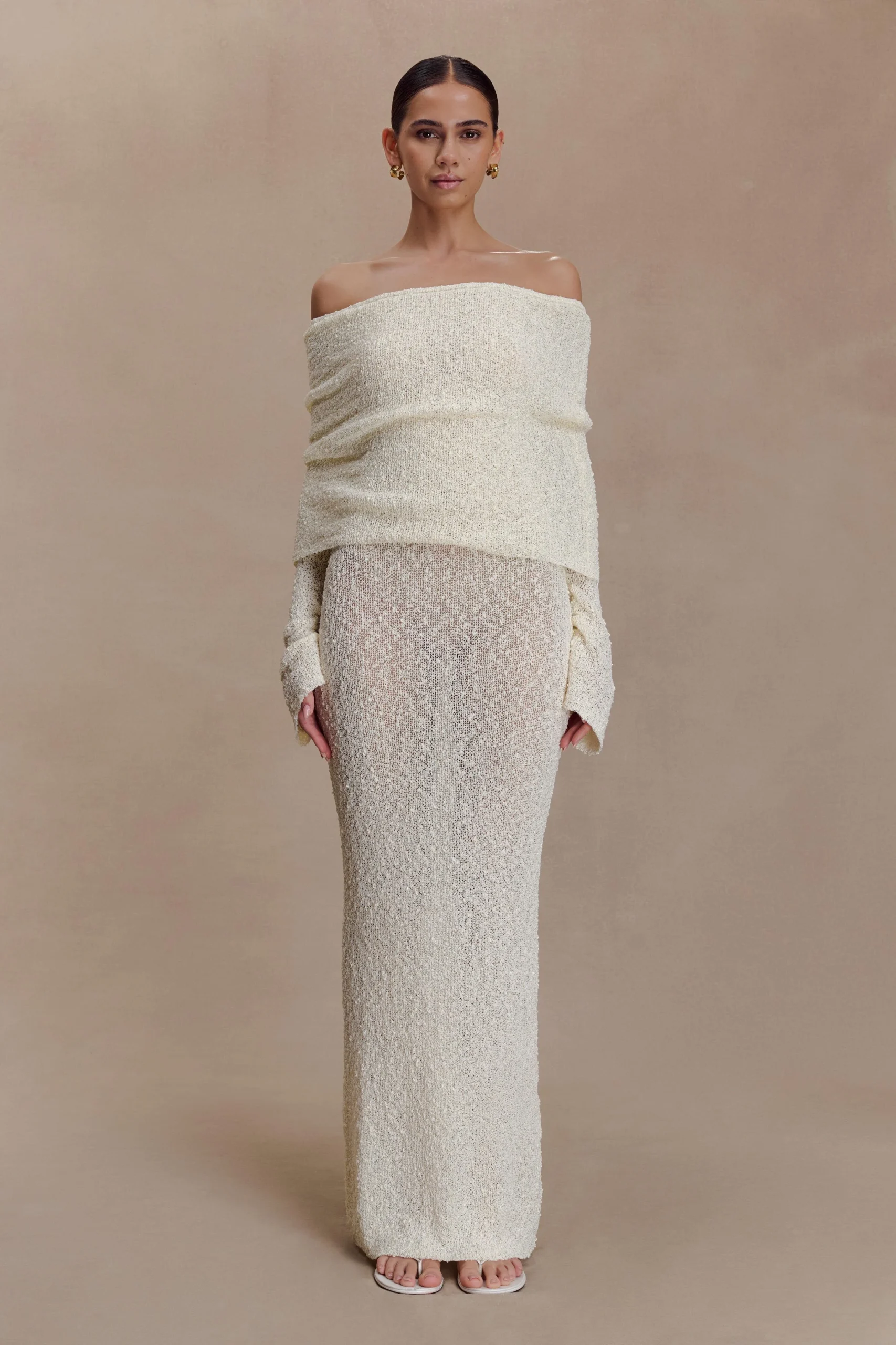 MarisolOff Shoulder Boucle Maxi Dress - Ivory
