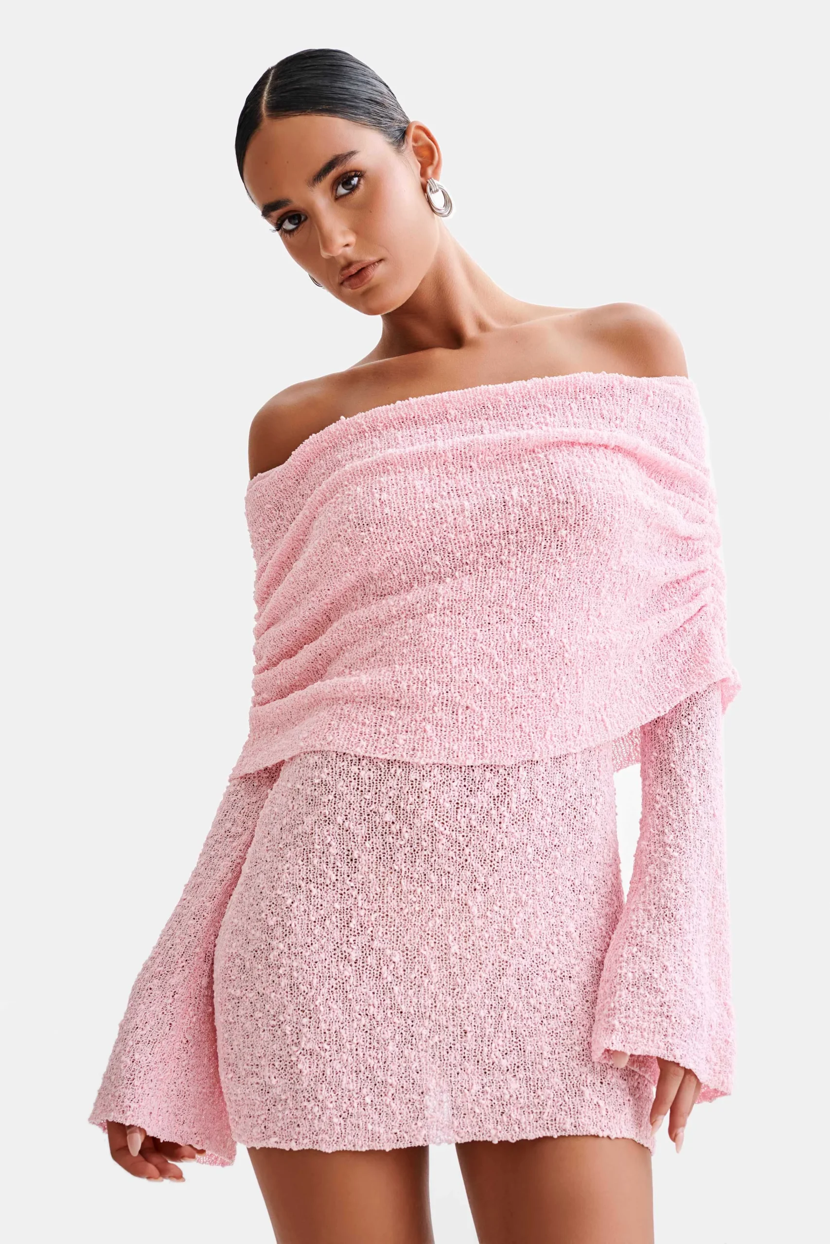 MarisolOff Shoulder Boucle Mini Dress - Baby Pink