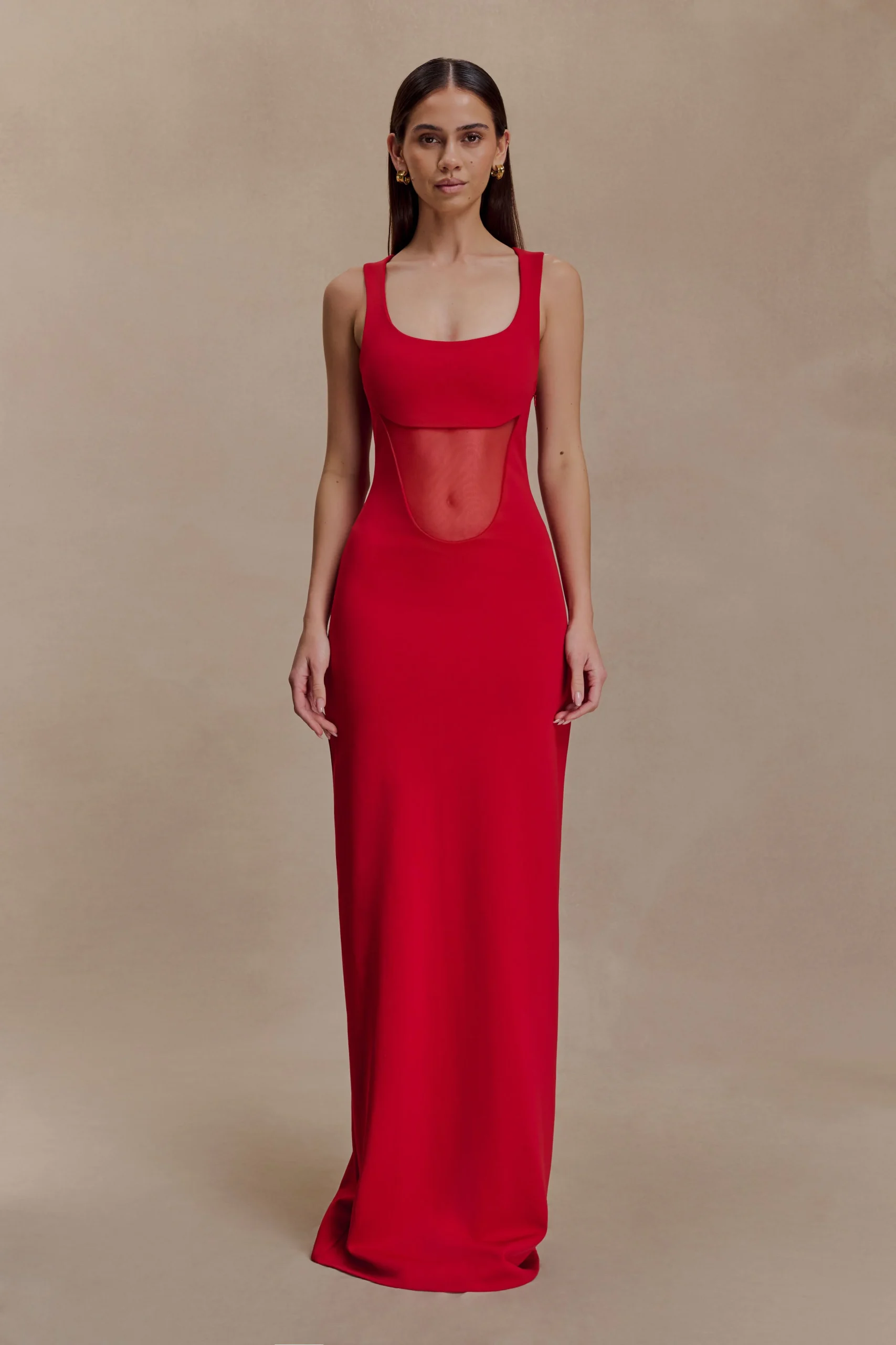 MarlonFINAL SALECrepe And Mesh Maxi Dress - Cherry Red