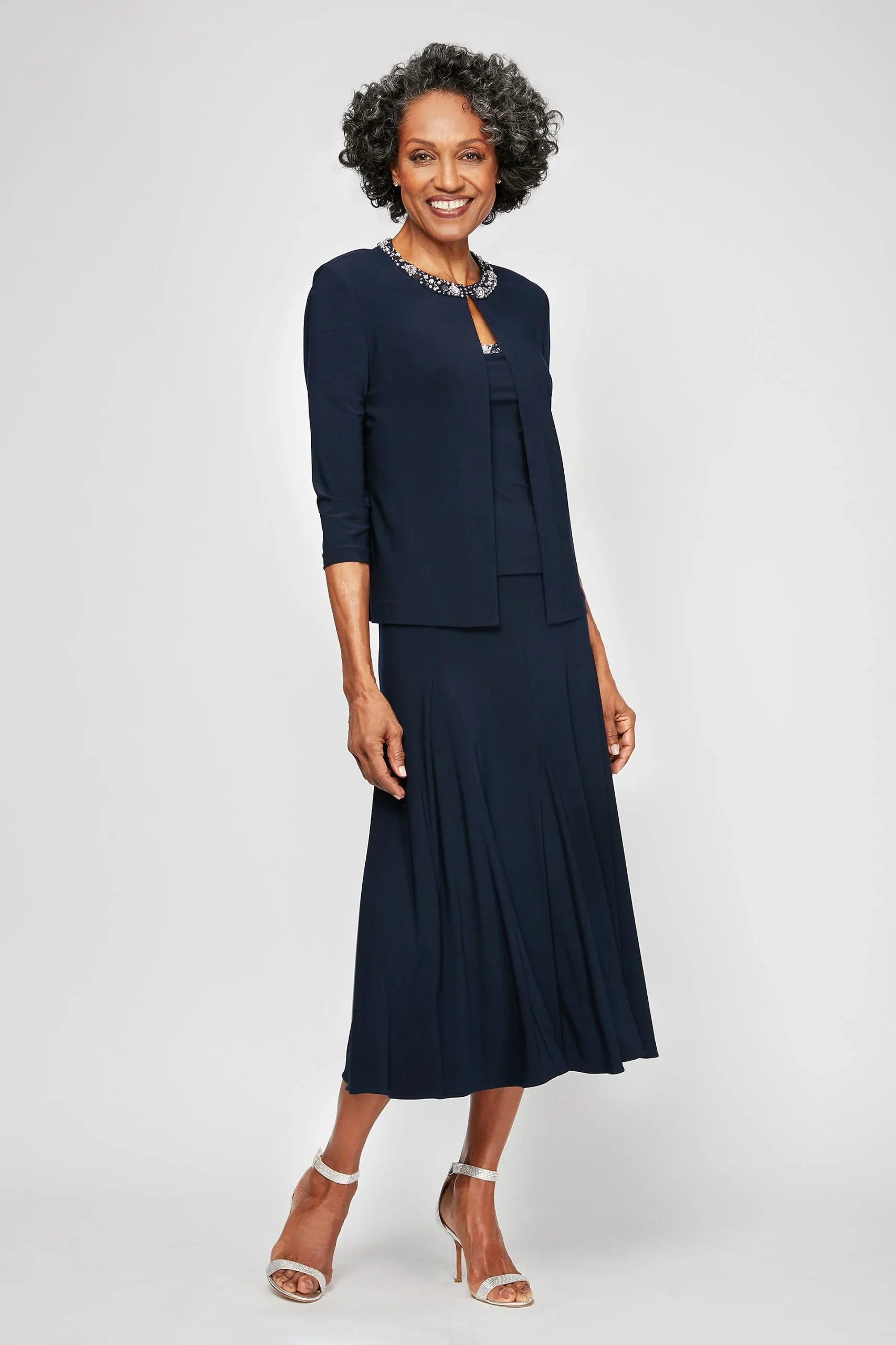 Matte Jersey Jacket Dress with Beaded Sequin Trim