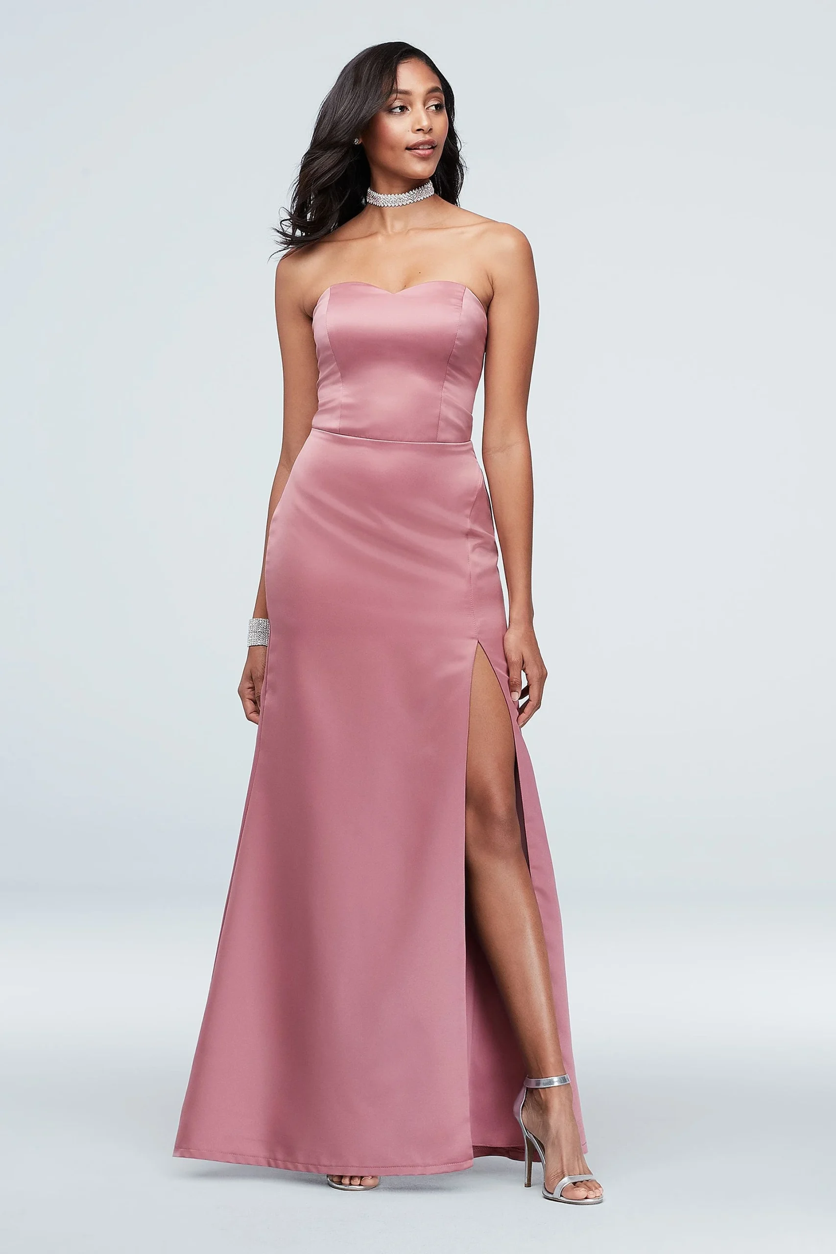 Matte Satin Strapless Sheath Gown with Slit